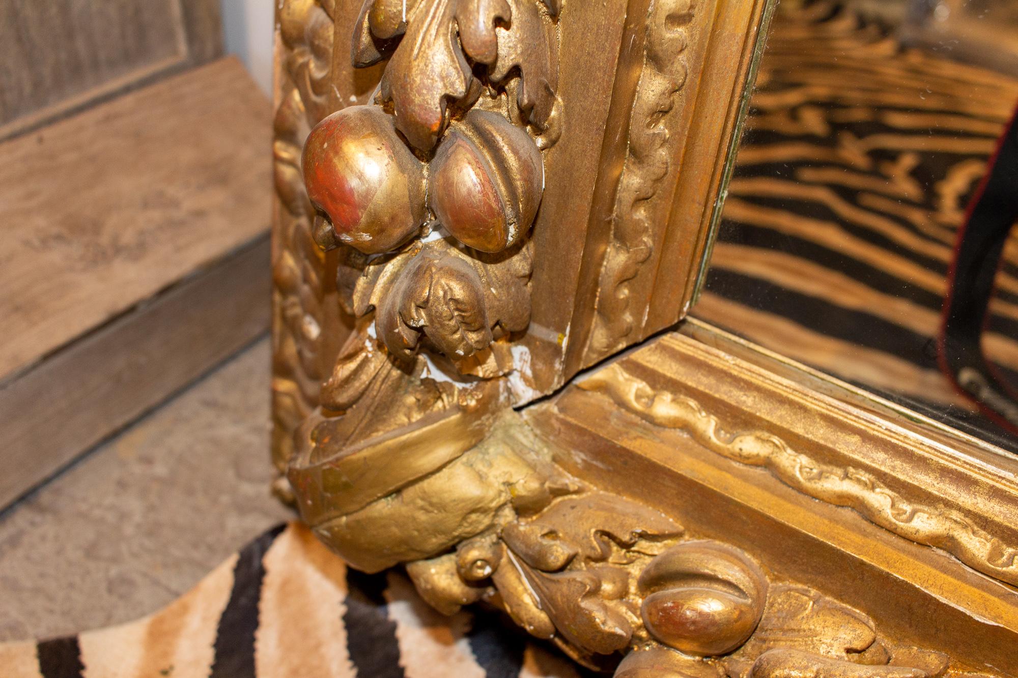 Large Antique French Gilt Floor Mirror with Carved Pomegranate & Leaf Details 2
