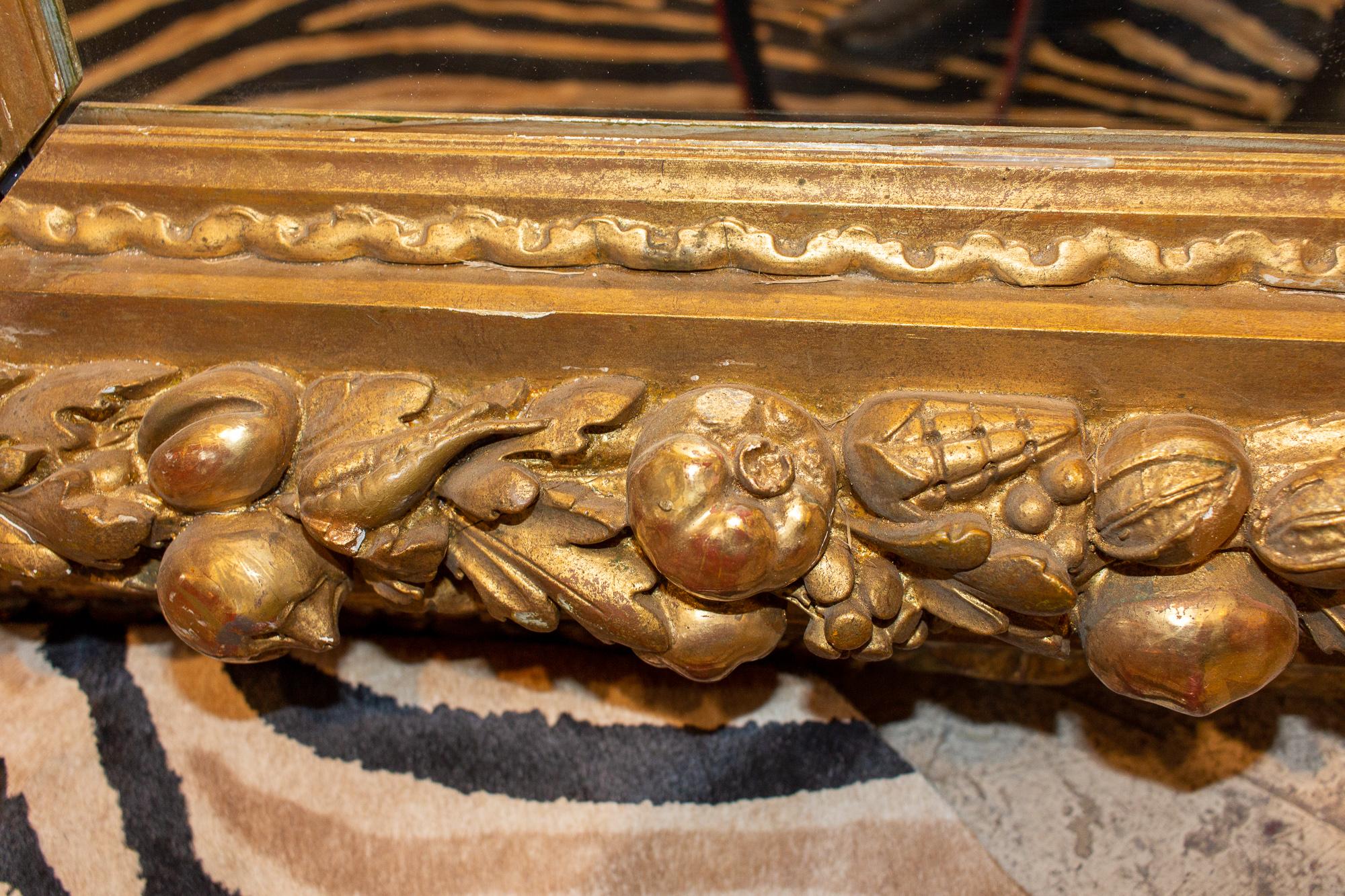 Large Antique French Gilt Floor Mirror with Carved Pomegranate & Leaf Details 3