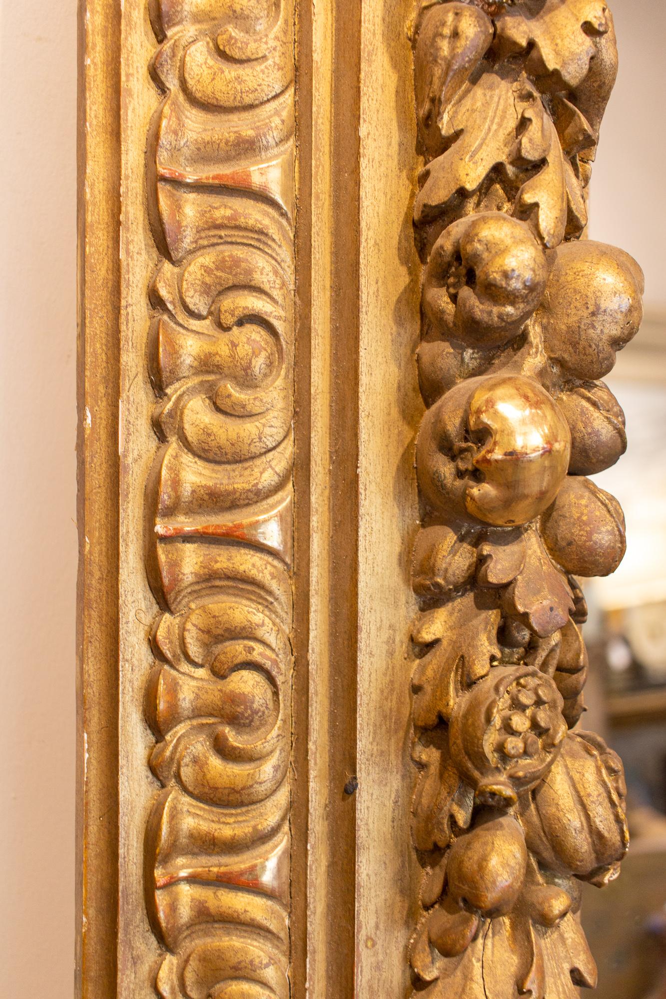 Large Antique French Gilt Floor Mirror with Carved Pomegranate & Leaf Details 4
