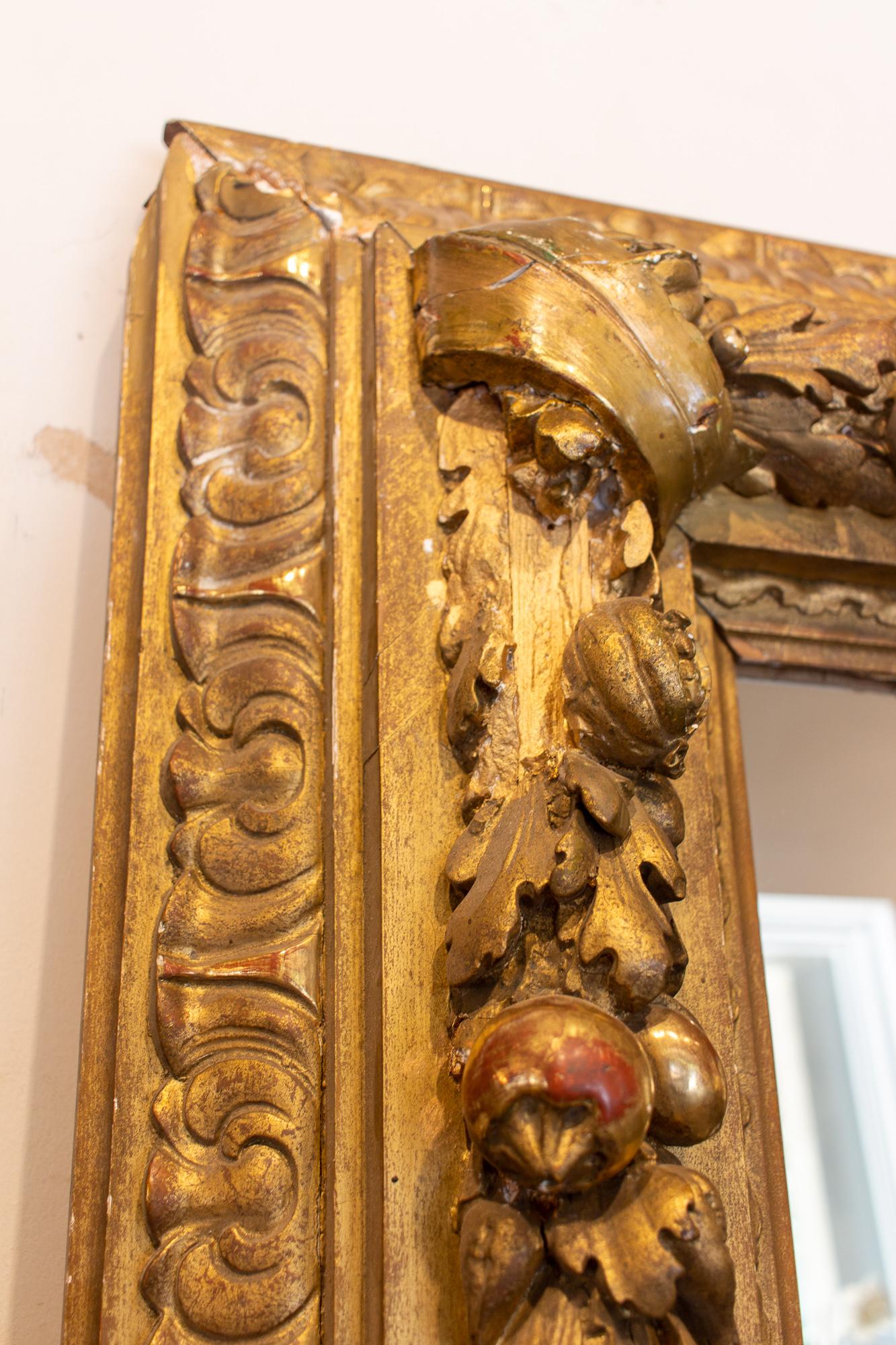 Large Antique French Gilt Floor Mirror with Carved Pomegranate & Leaf Details 6