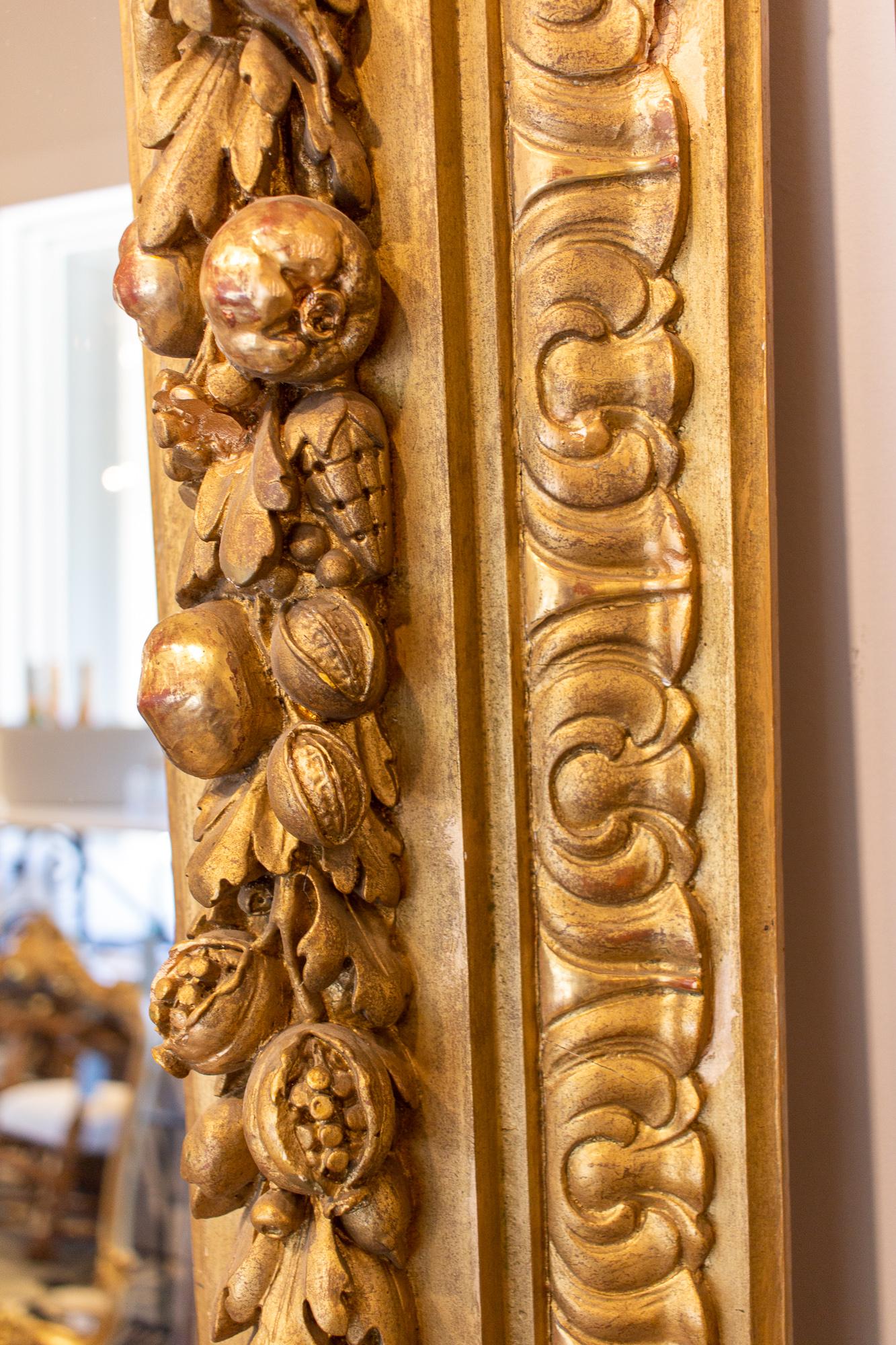 Large Antique French Gilt Floor Mirror with Carved Pomegranate & Leaf Details 8