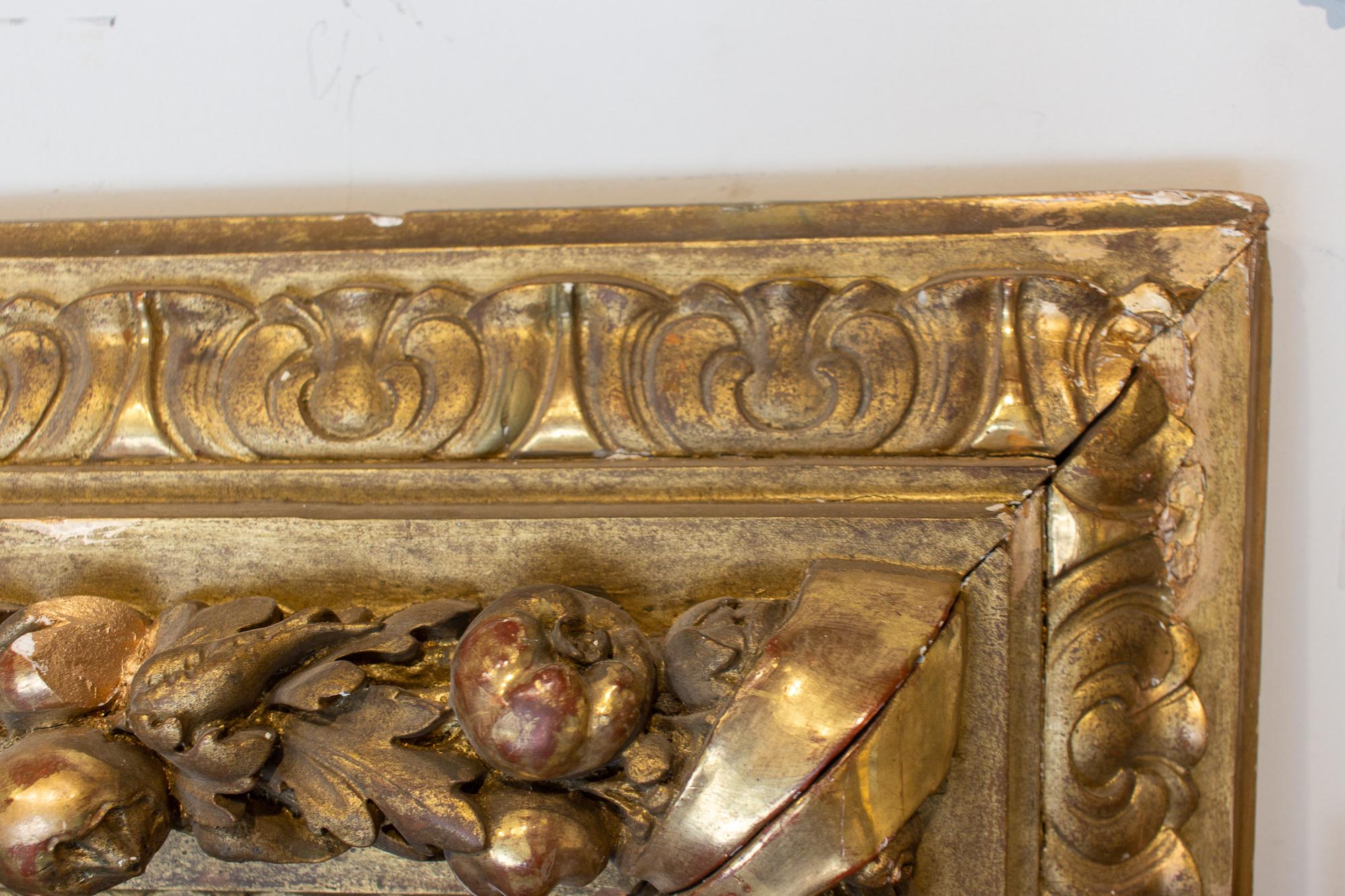 Large Antique French Gilt Floor Mirror with Carved Pomegranate & Leaf Details In Good Condition In Houston, TX