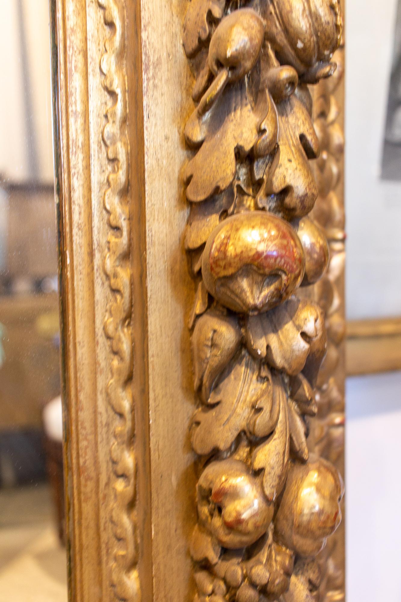 Large Antique French Gilt Floor Mirror with Carved Pomegranate & Leaf Details 1