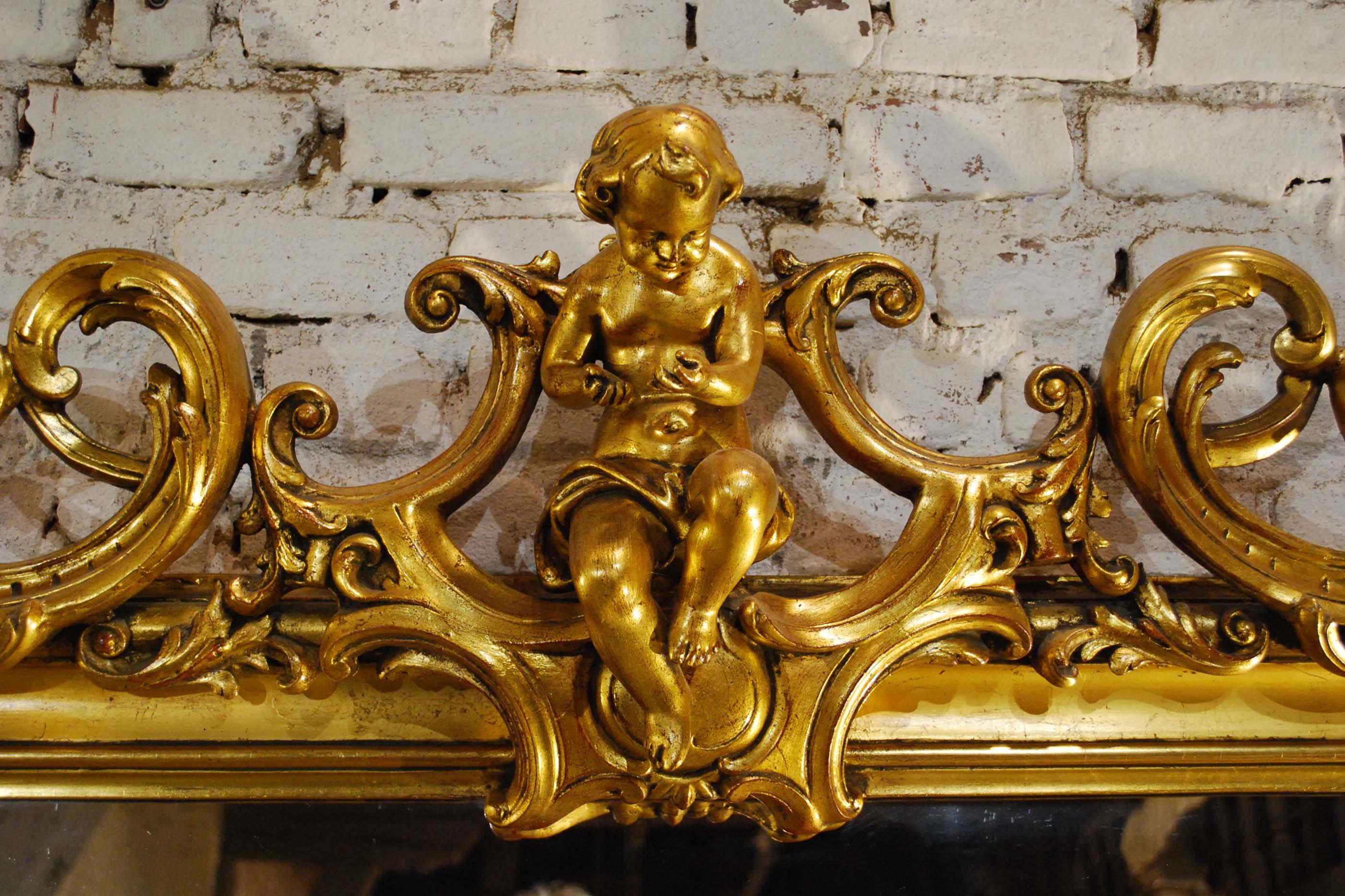 Gesso Large Antique French Gilt Louis Philippe Mirror with Putti