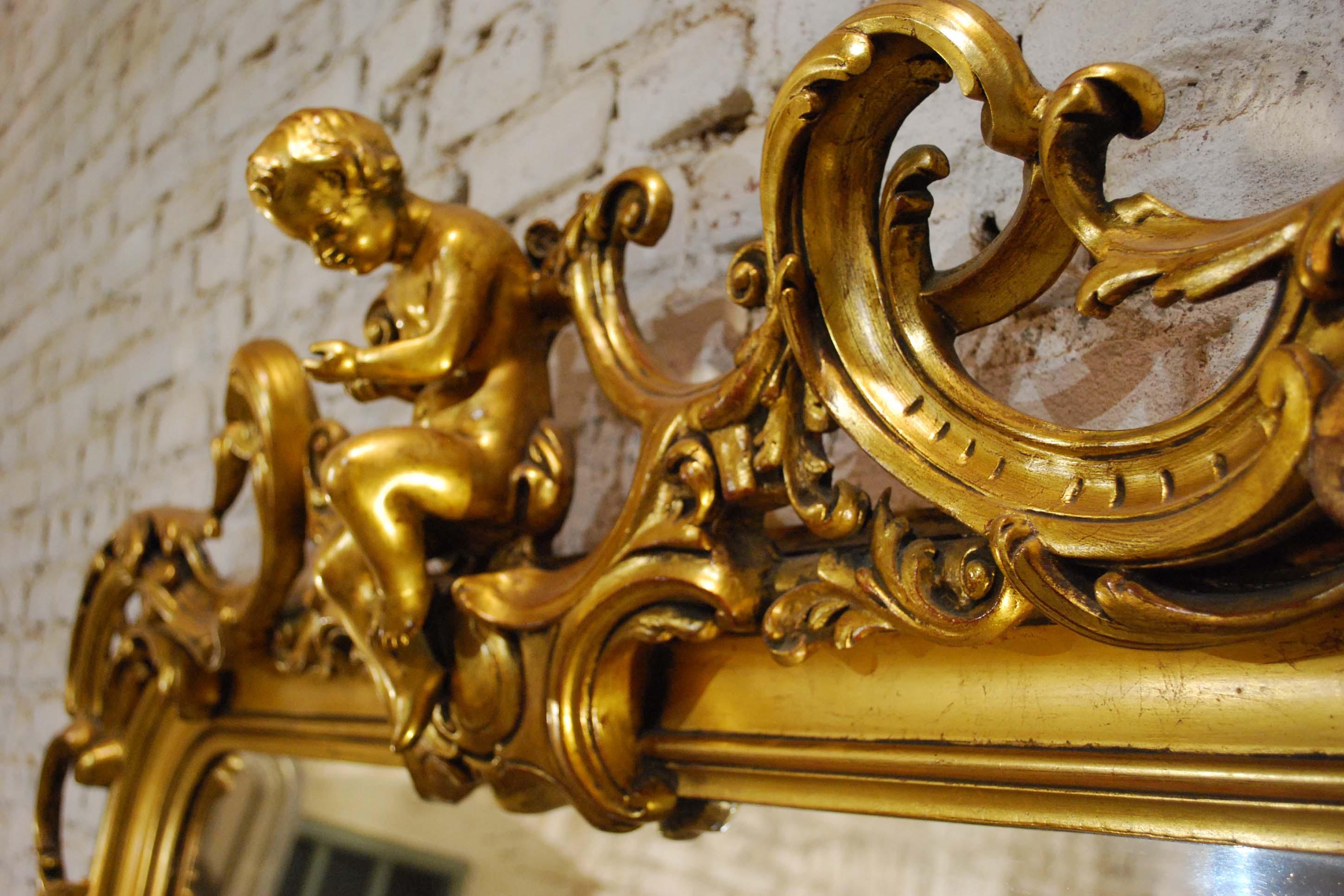 Large Antique French Gilt Louis Philippe Mirror with Putti 1
