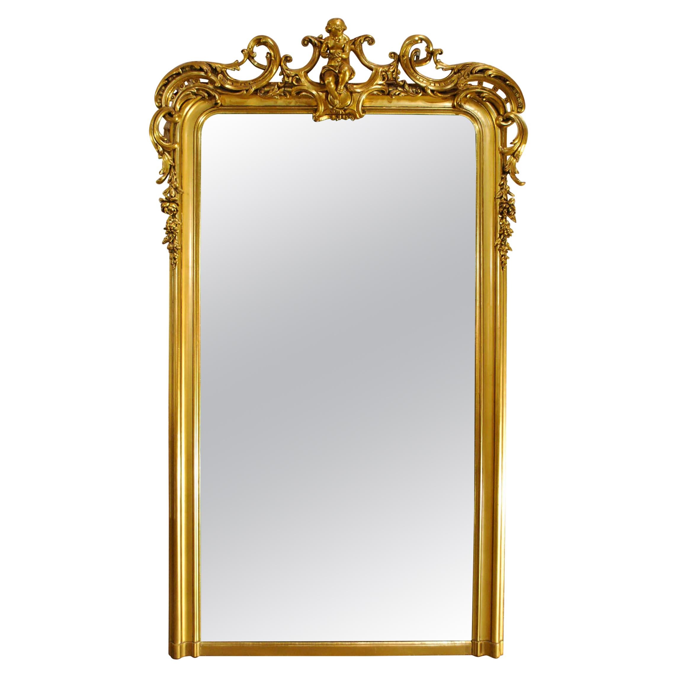 Large Antique French Gilt Louis Philippe Mirror with Putti
