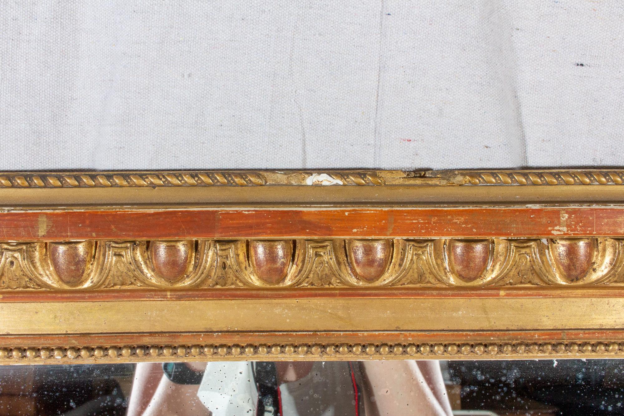 Large Antique French Gilt Mirror with Original Glass In Distressed Condition In Houston, TX