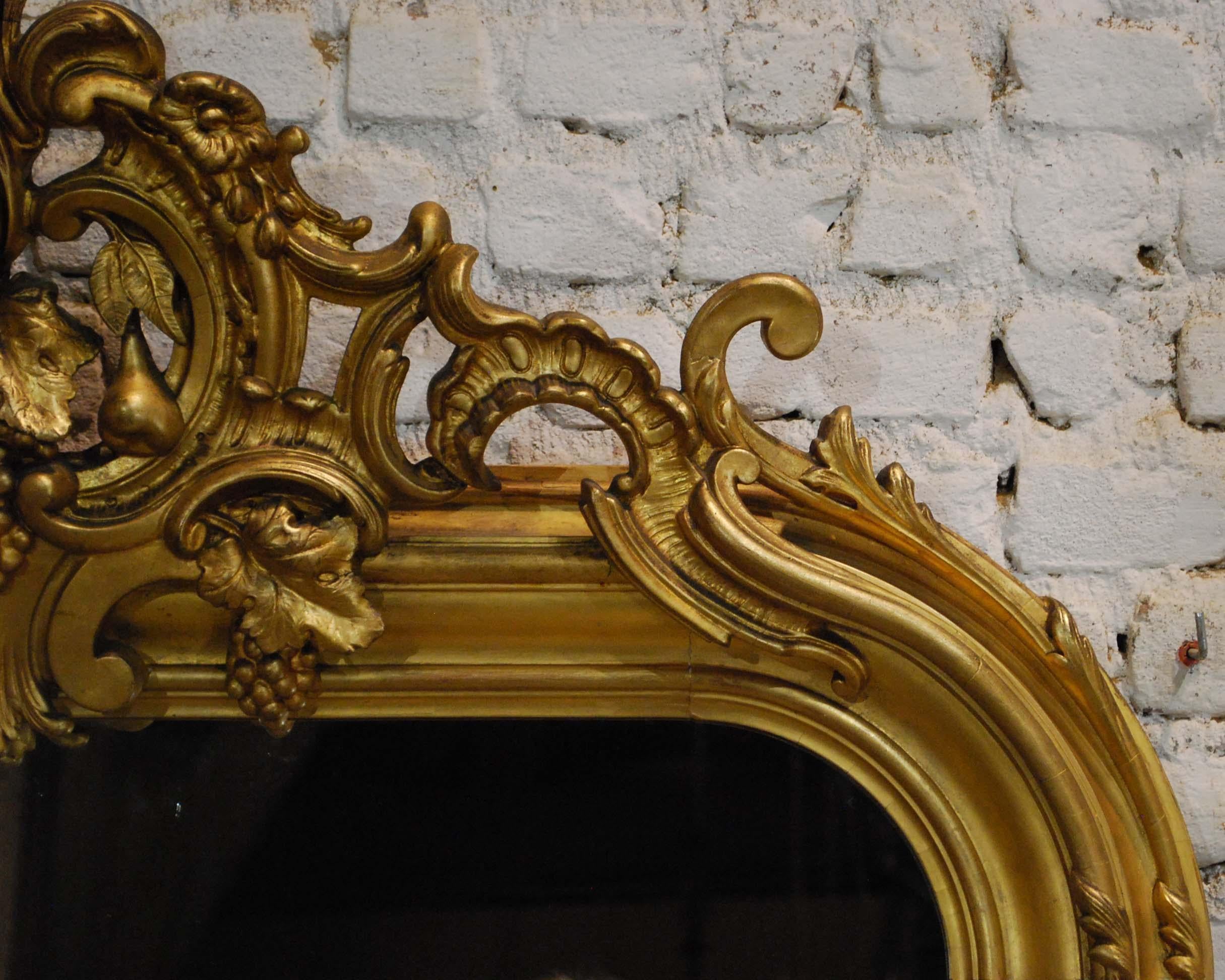 Gesso Large Antique French Gold Gilt Louis Philippe Mirror with Ornate Crest