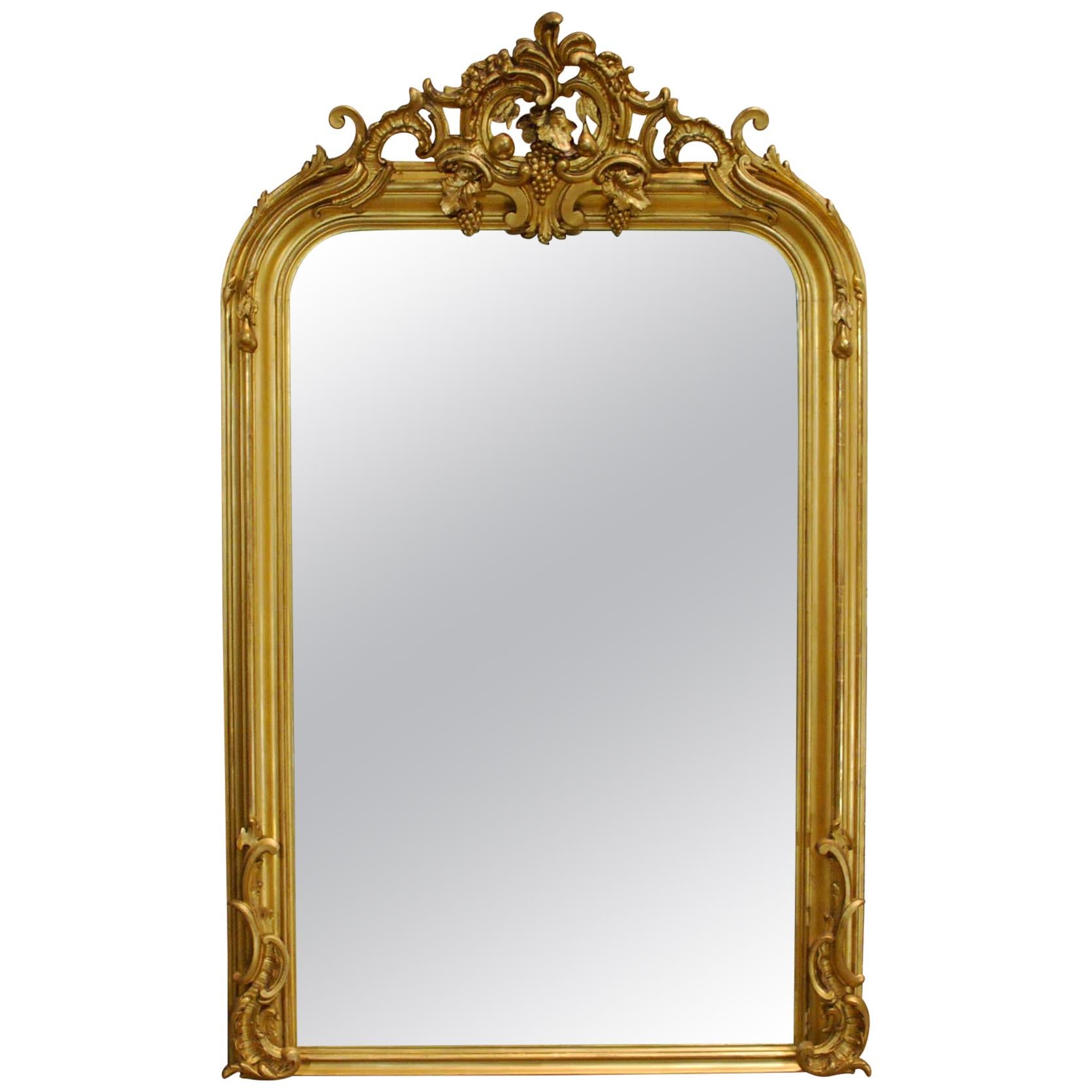 Large Antique French Gold Gilt Louis Philippe Mirror with Ornate Crest