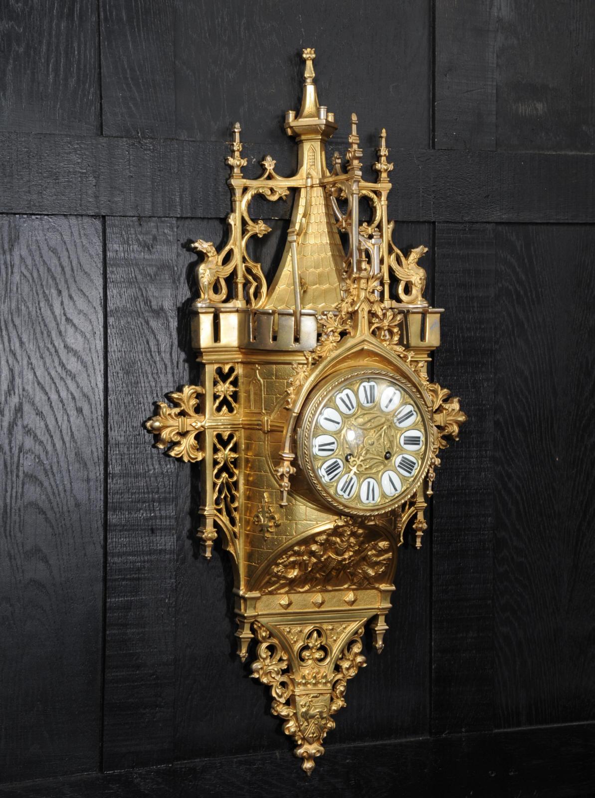 Gothic Revival Large Antique French Gothic Cartel Wall Clock