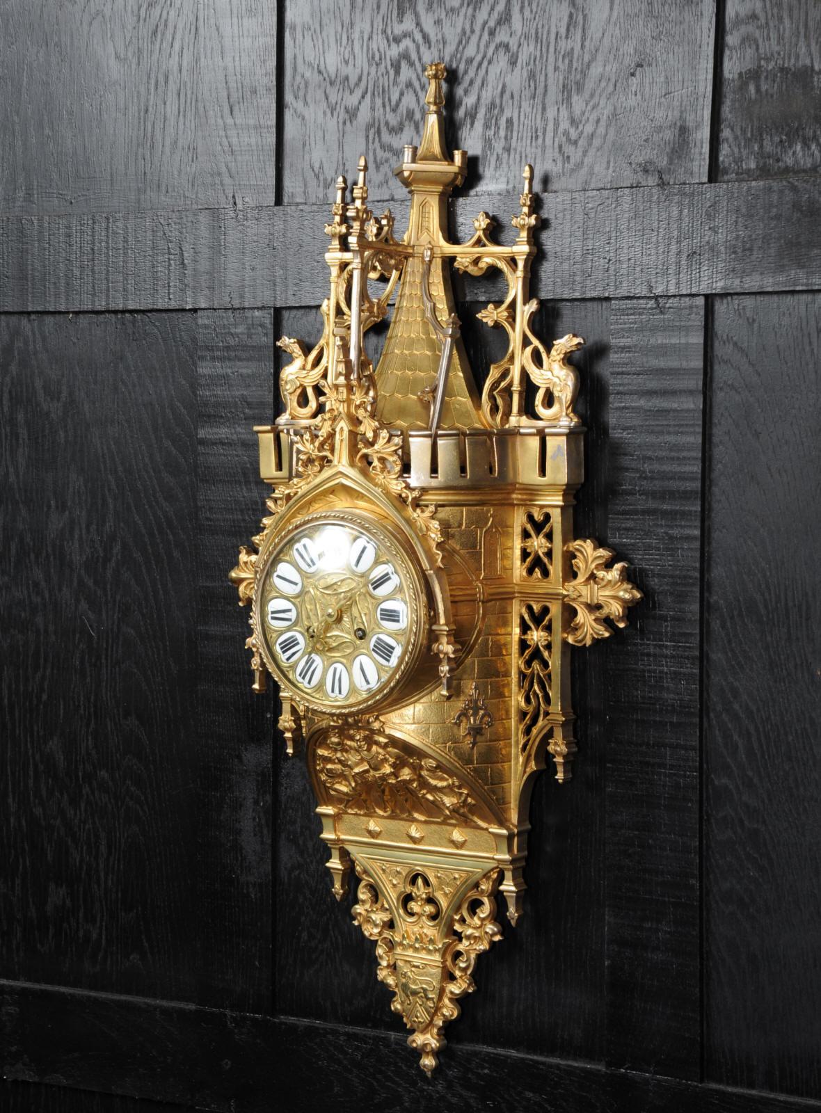 Gilt Large Antique French Gothic Cartel Wall Clock