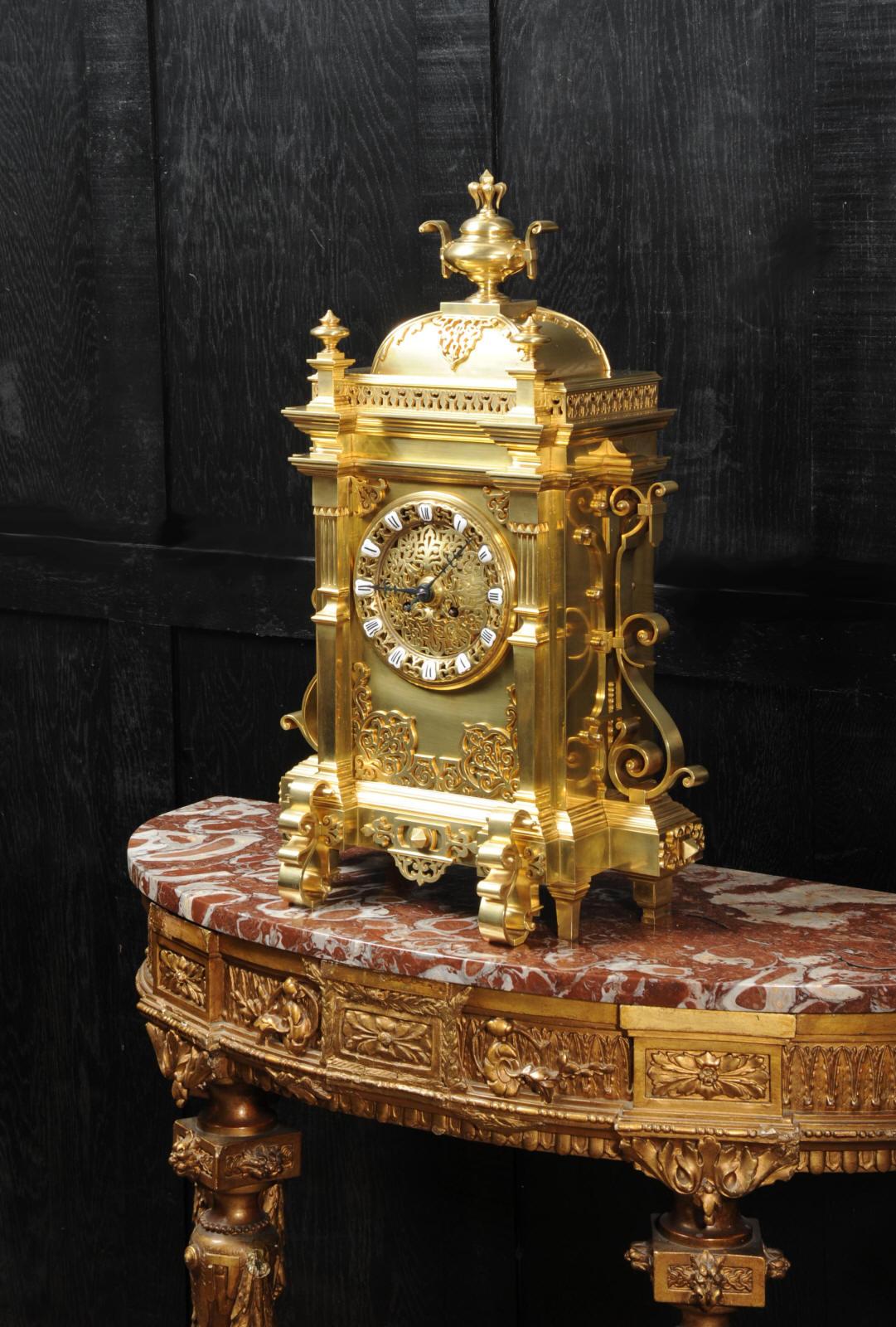Large Antique French Gothic Gilt Bronze Clock 7