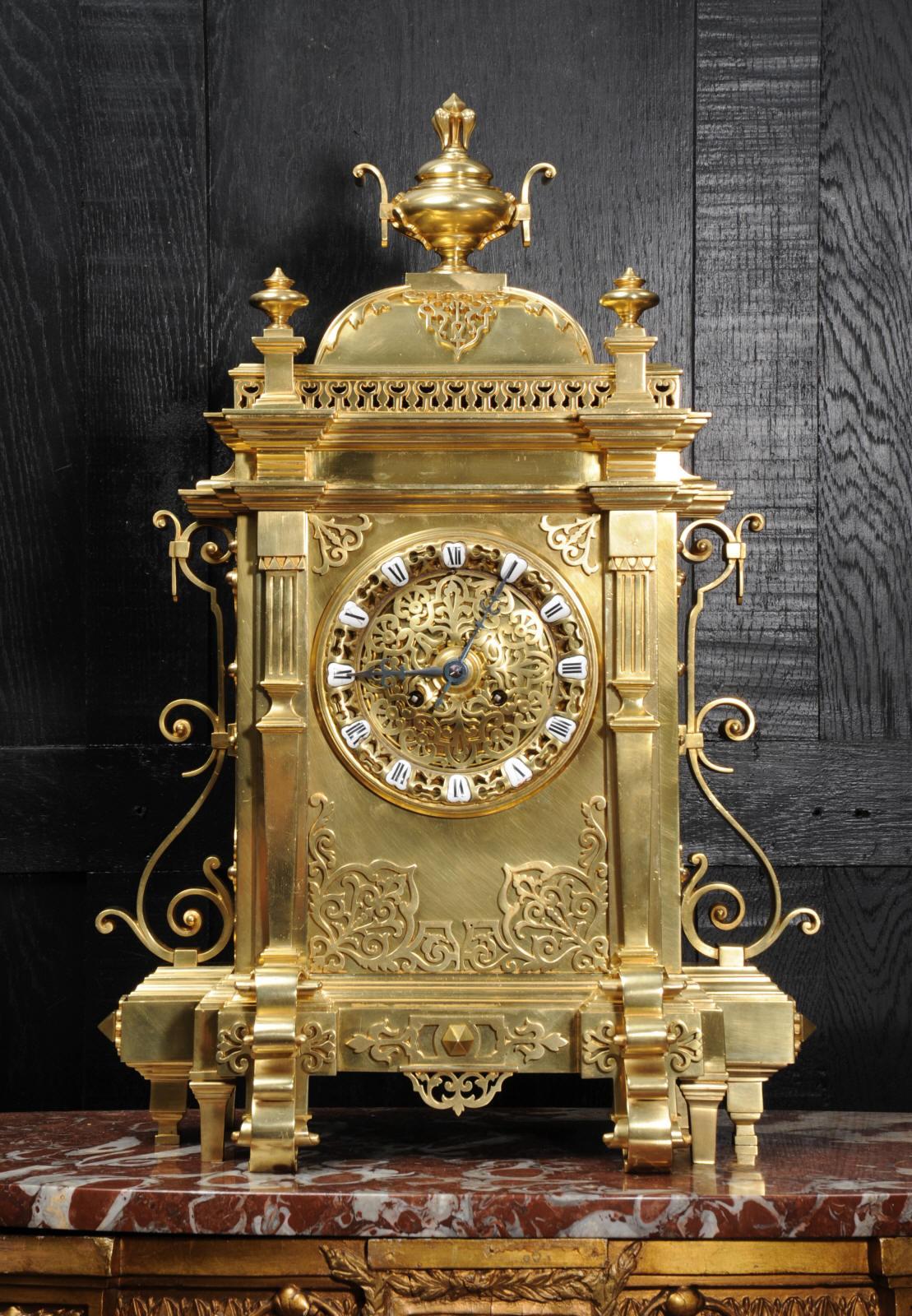 Large Antique French Gothic Gilt Bronze Clock 8