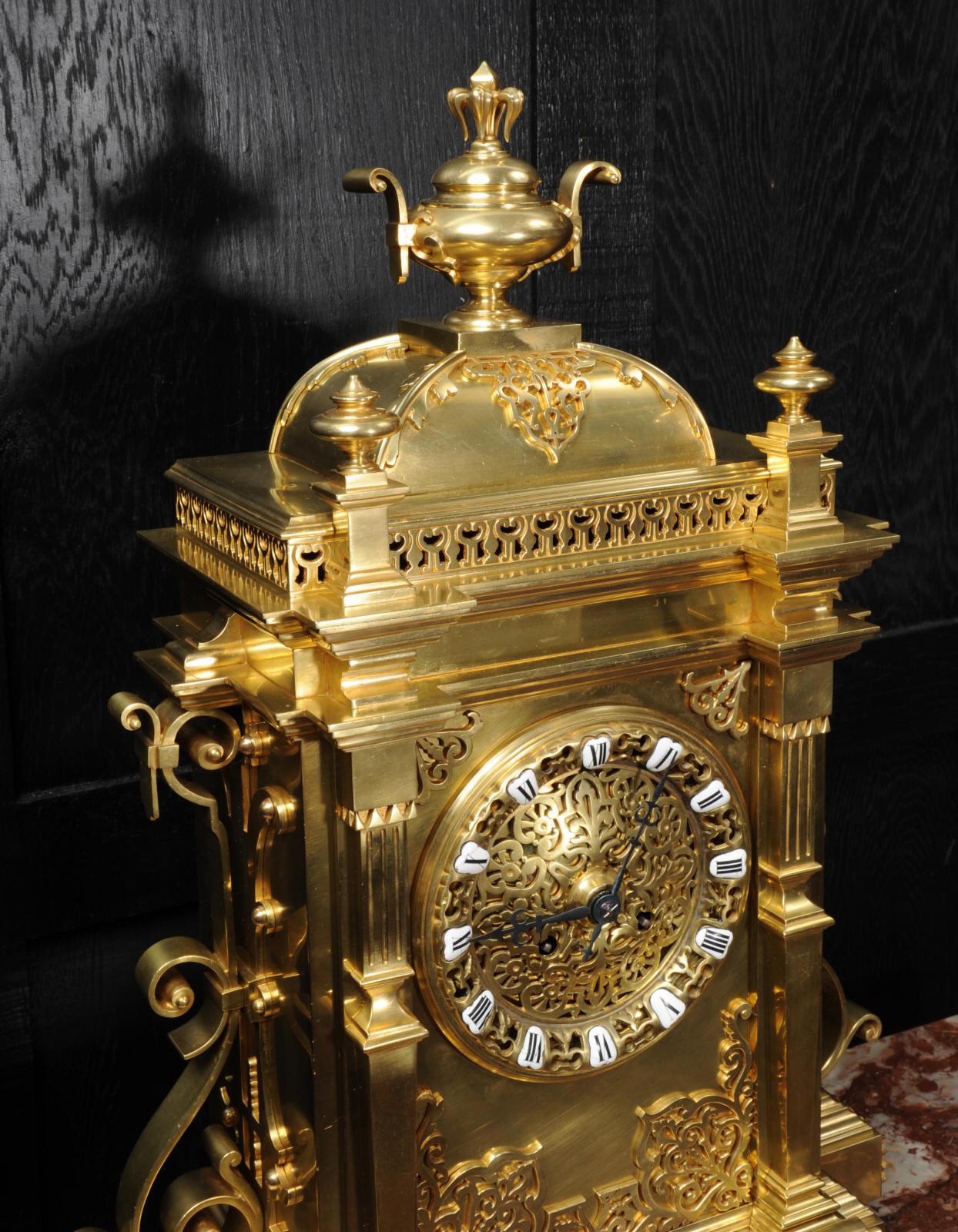 Large Antique French Gothic Gilt Bronze Clock 10