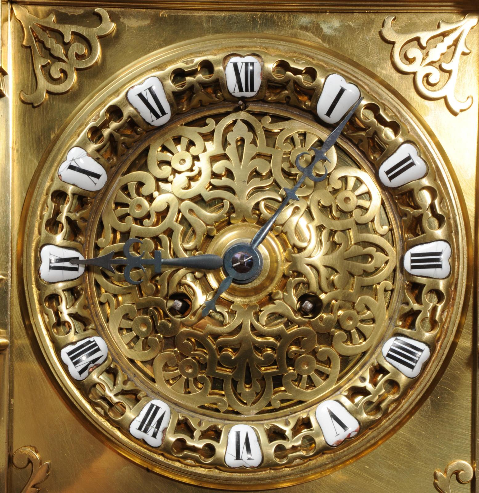 Large Antique French Gothic Gilt Bronze Clock 12