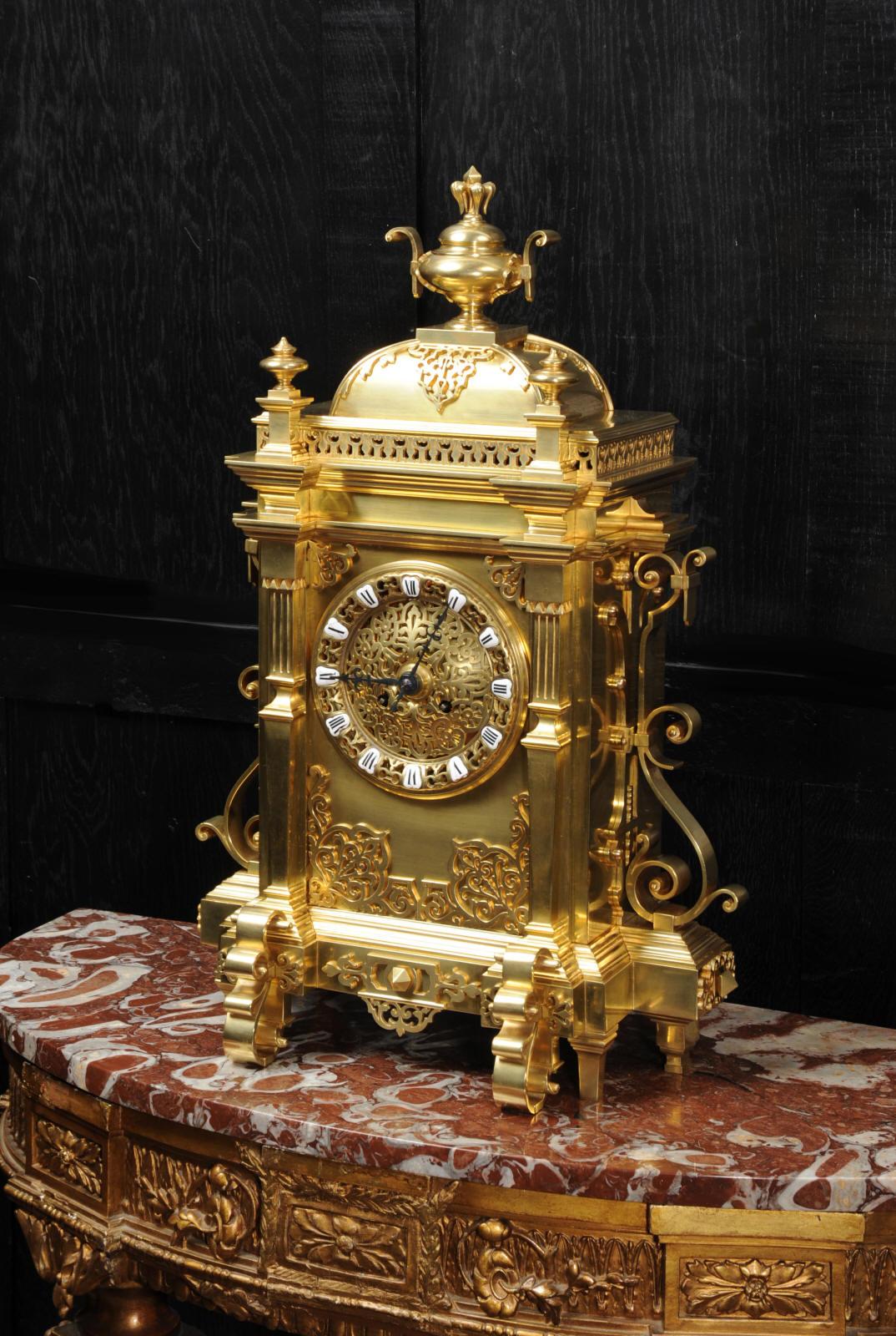 Large Antique French Gothic Gilt Bronze Clock In Good Condition In Belper, Derbyshire