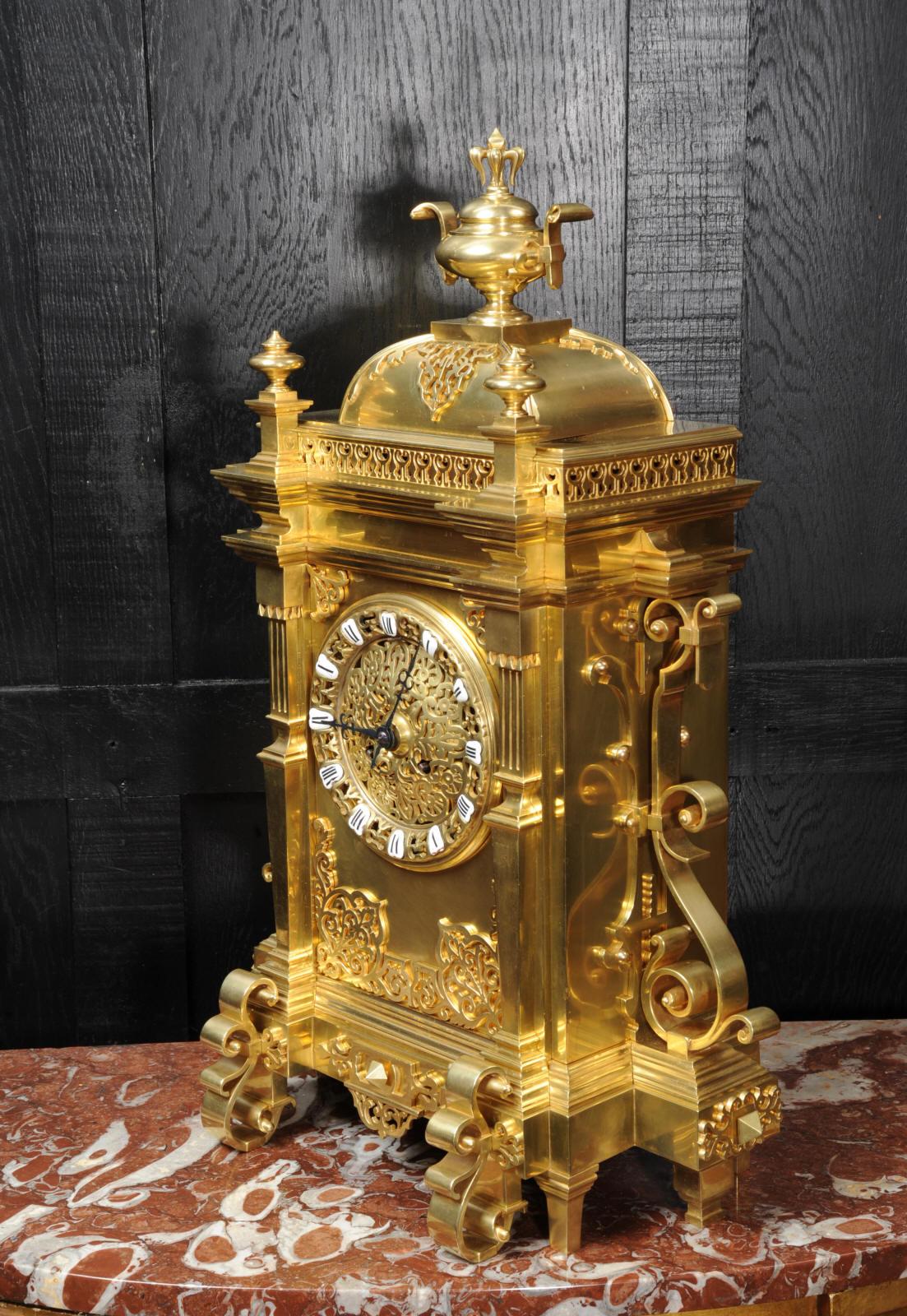19th Century Large Antique French Gothic Gilt Bronze Clock