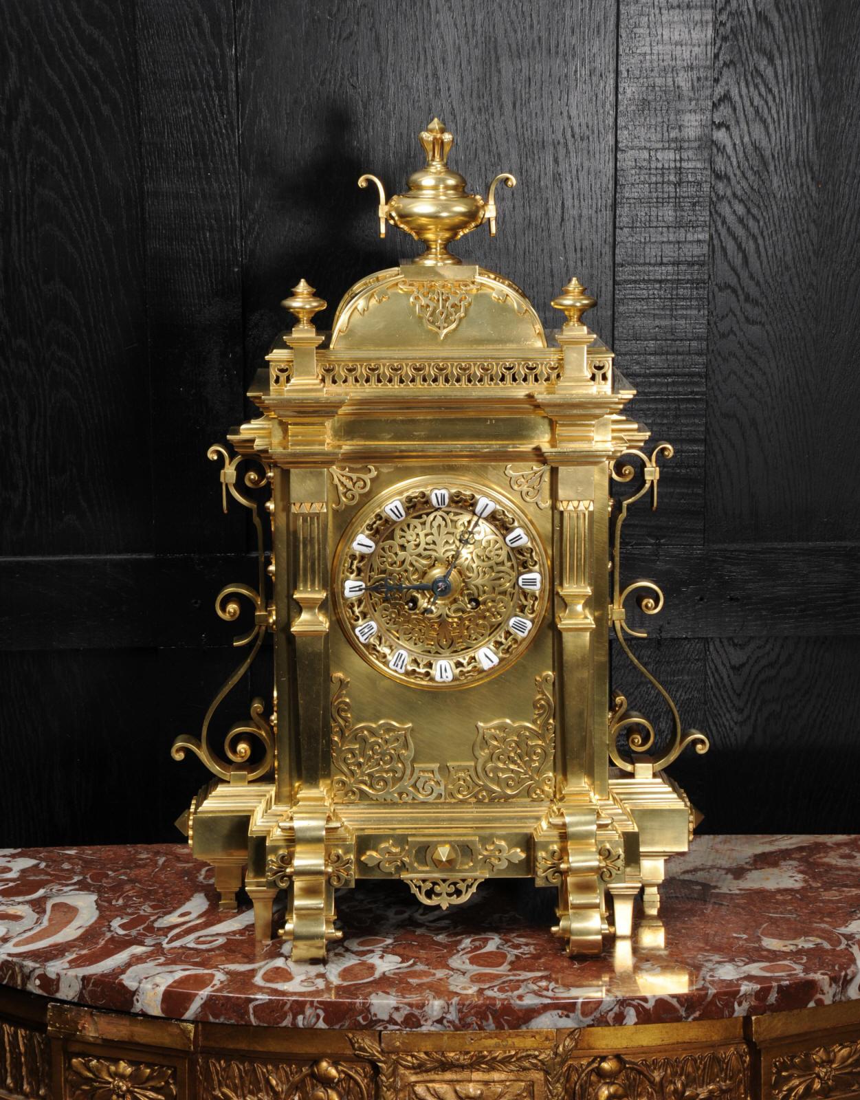 Large Antique French Gothic Gilt Bronze Clock 1