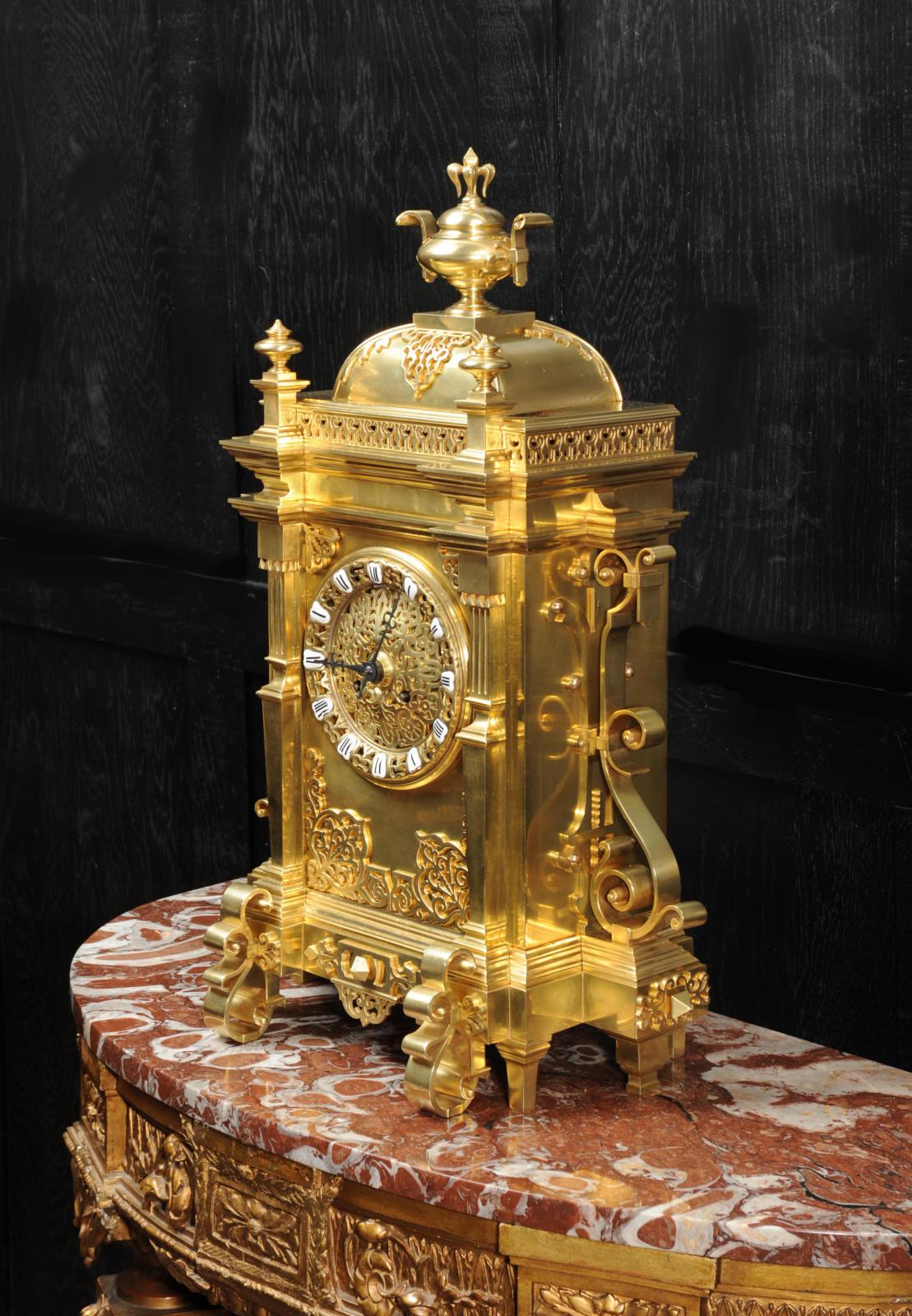 Large Antique French Gothic Gilt Bronze Clock 2