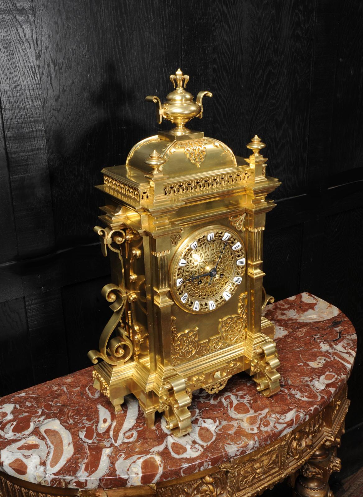 Large Antique French Gothic Gilt Bronze Clock 3