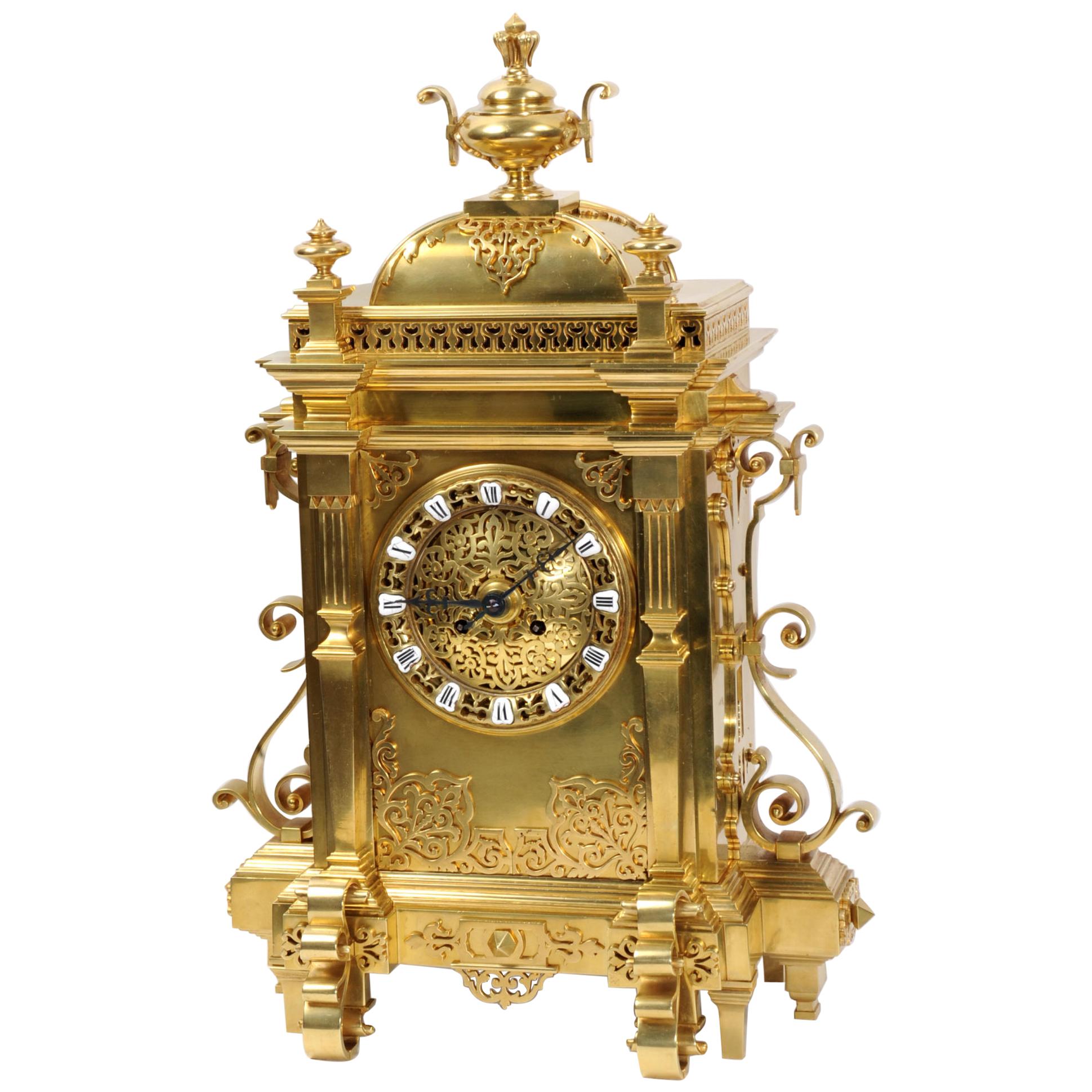 Large Antique French Gothic Gilt Bronze Clock