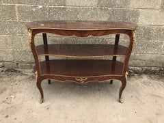 Large Antique French Inlaid Three-Tier Side Table, Bronze Trolley