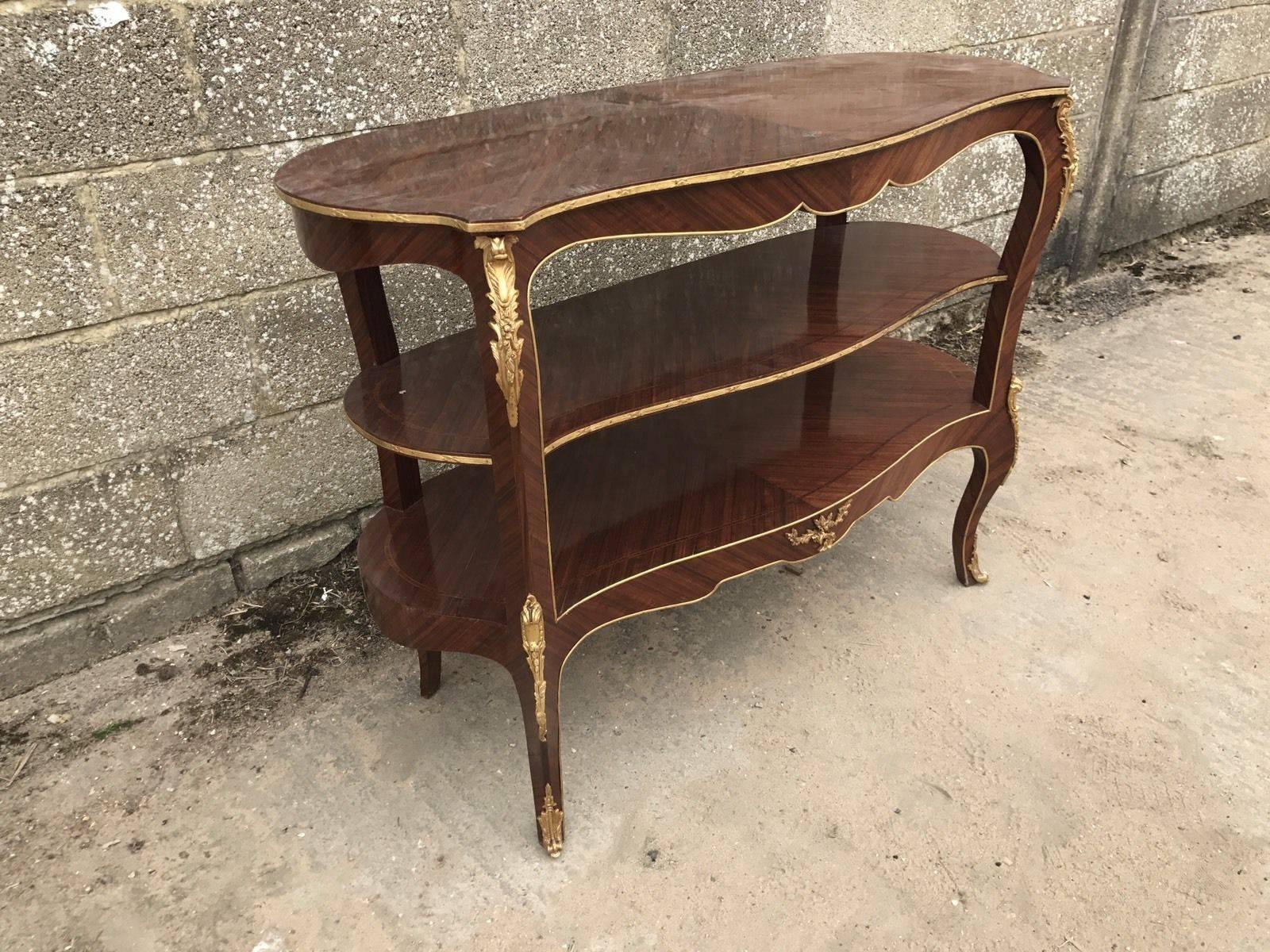 Large Antique French Inlaid Three-Tier Side Table, Bronze Trolley In Good Condition For Sale In Lingfield, West Sussex