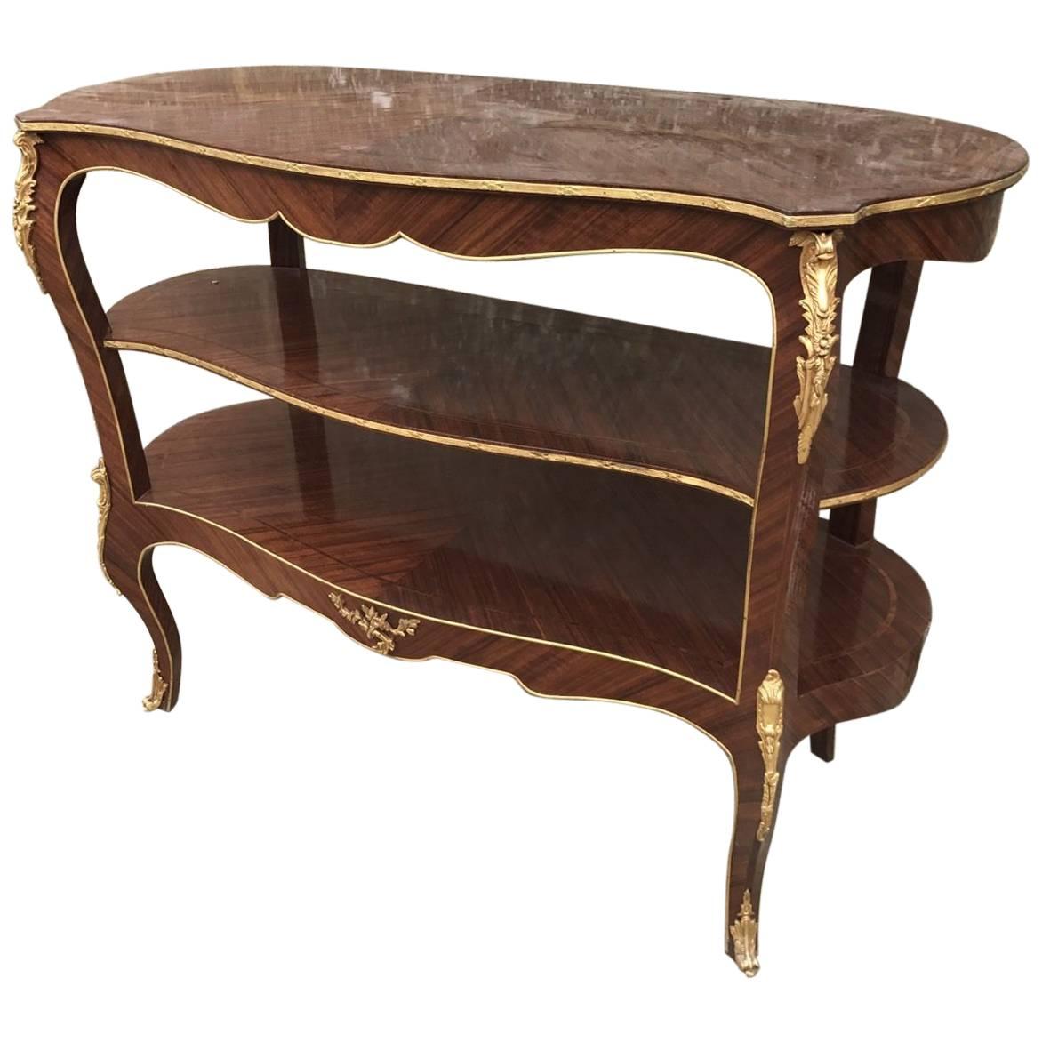 Large Antique French Inlaid Three-Tier Side Table, Bronze Trolley For Sale