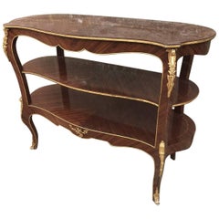 Large Antique French Inlaid Three-Tier Side Table, Bronze Trolley