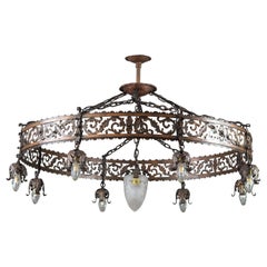 Large Antique French Iron Copper Nine-Light Pendant Light Fixture, 1910s