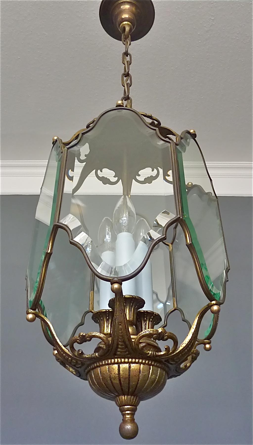 Fin du XIXe siècle Grande lanterne française ancienne en cristal facetté verre bronze laiton 1880 - 1900 en vente