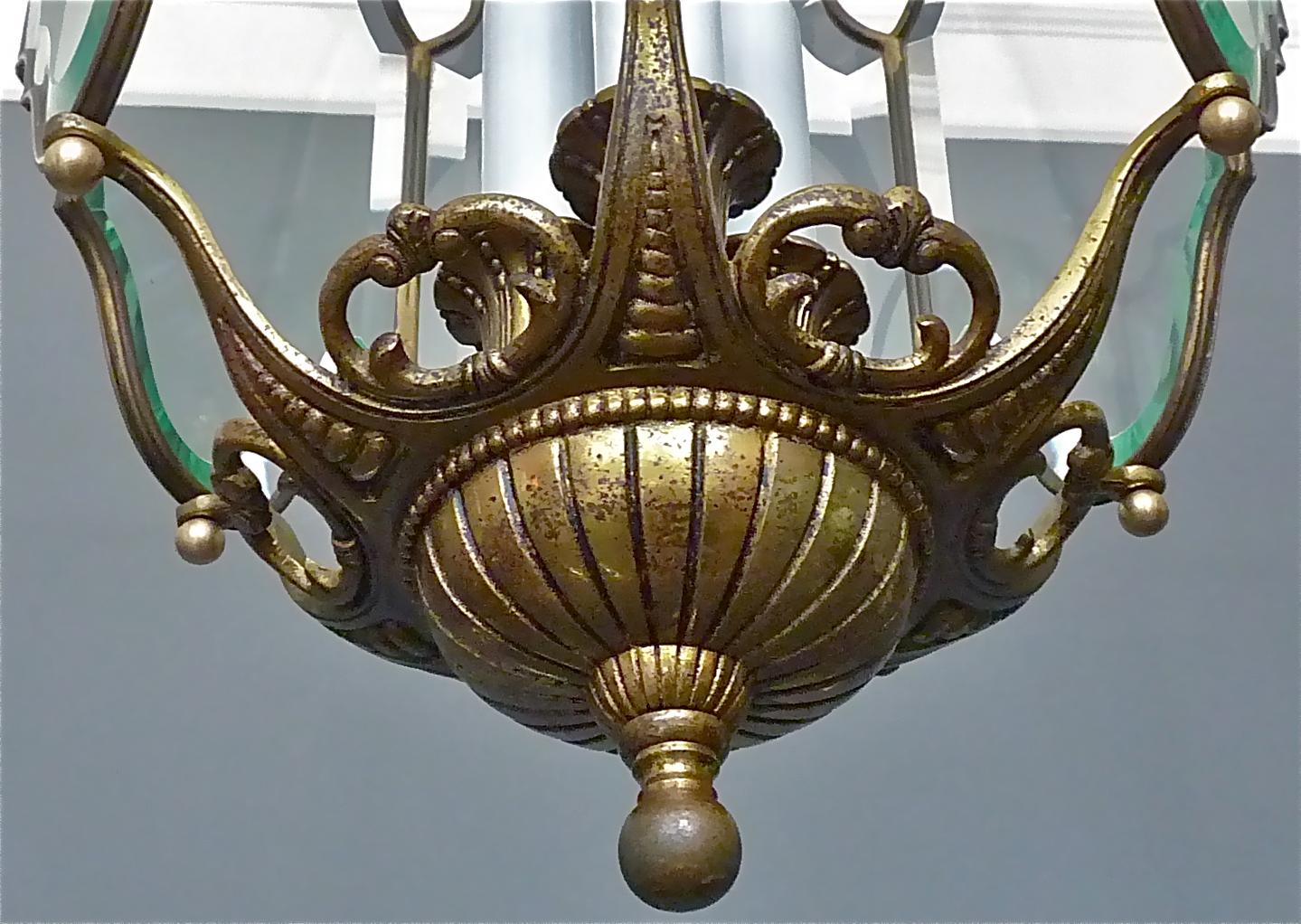 Laiton Grande lanterne française ancienne en cristal facetté verre bronze laiton 1880 - 1900 en vente