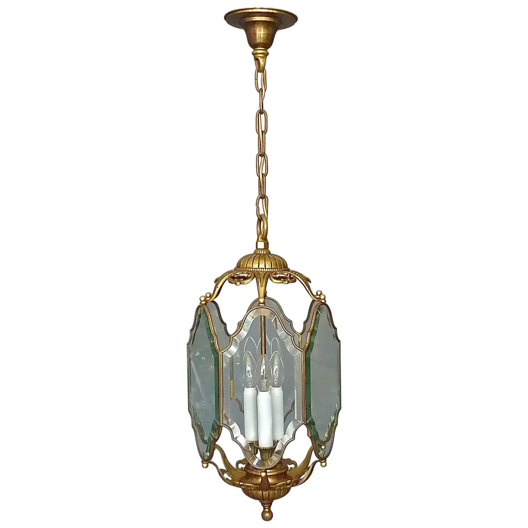 Große antike französische Laternenlampe aus facettiertem Kristallglas, Bronze und Messing, 1880 - 1900