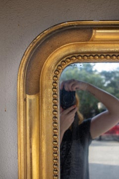 Large Antique French Louis Philippe Mirror with Textured Gilt Beaded Frame