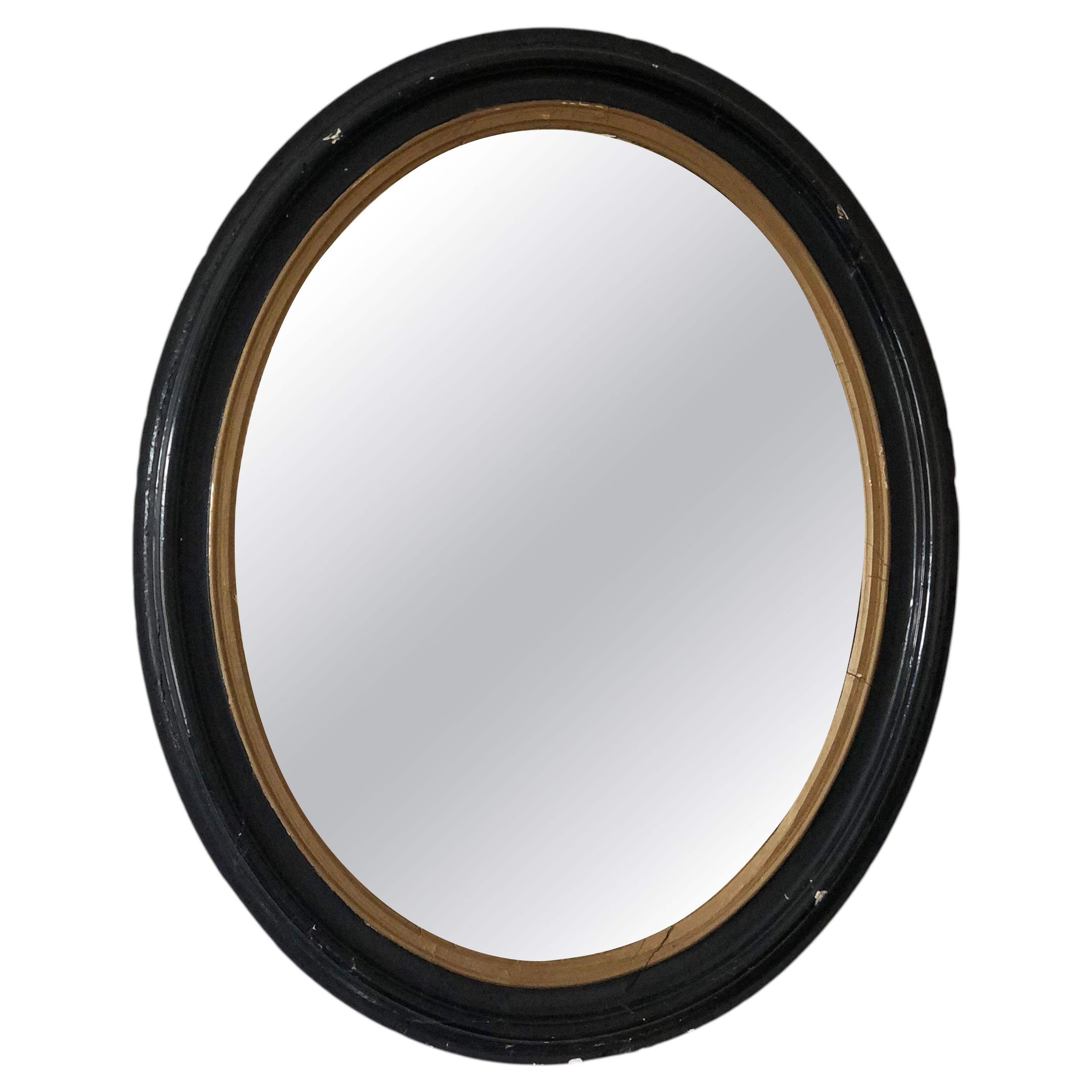 Large Antique French Louis Philippe Oval  Mirror – Black and Gold, Late 19th Cen