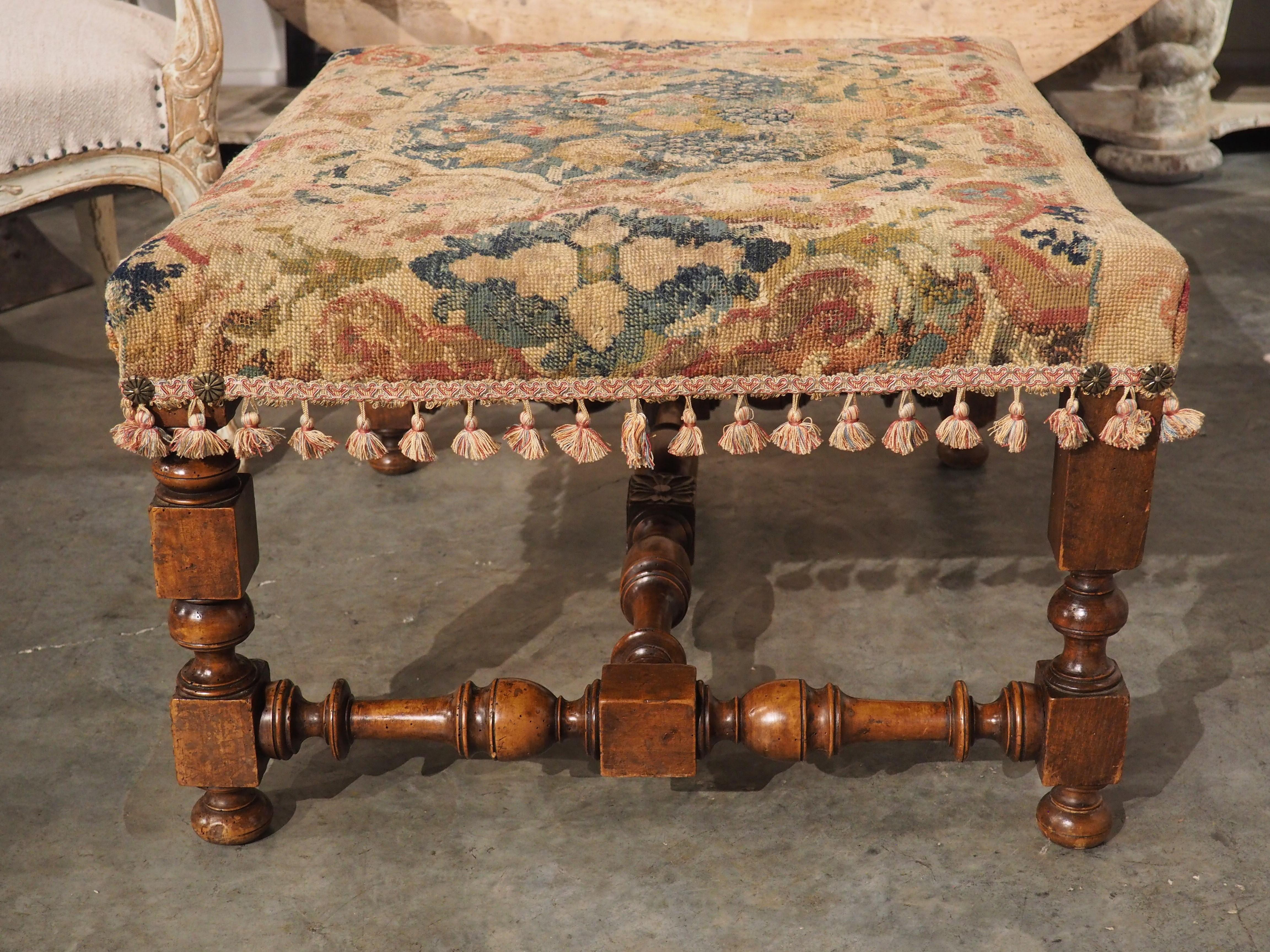 Large Antique French Louis XIII Style Tabouret, Needlepoint Upholstery, C. 1870 8