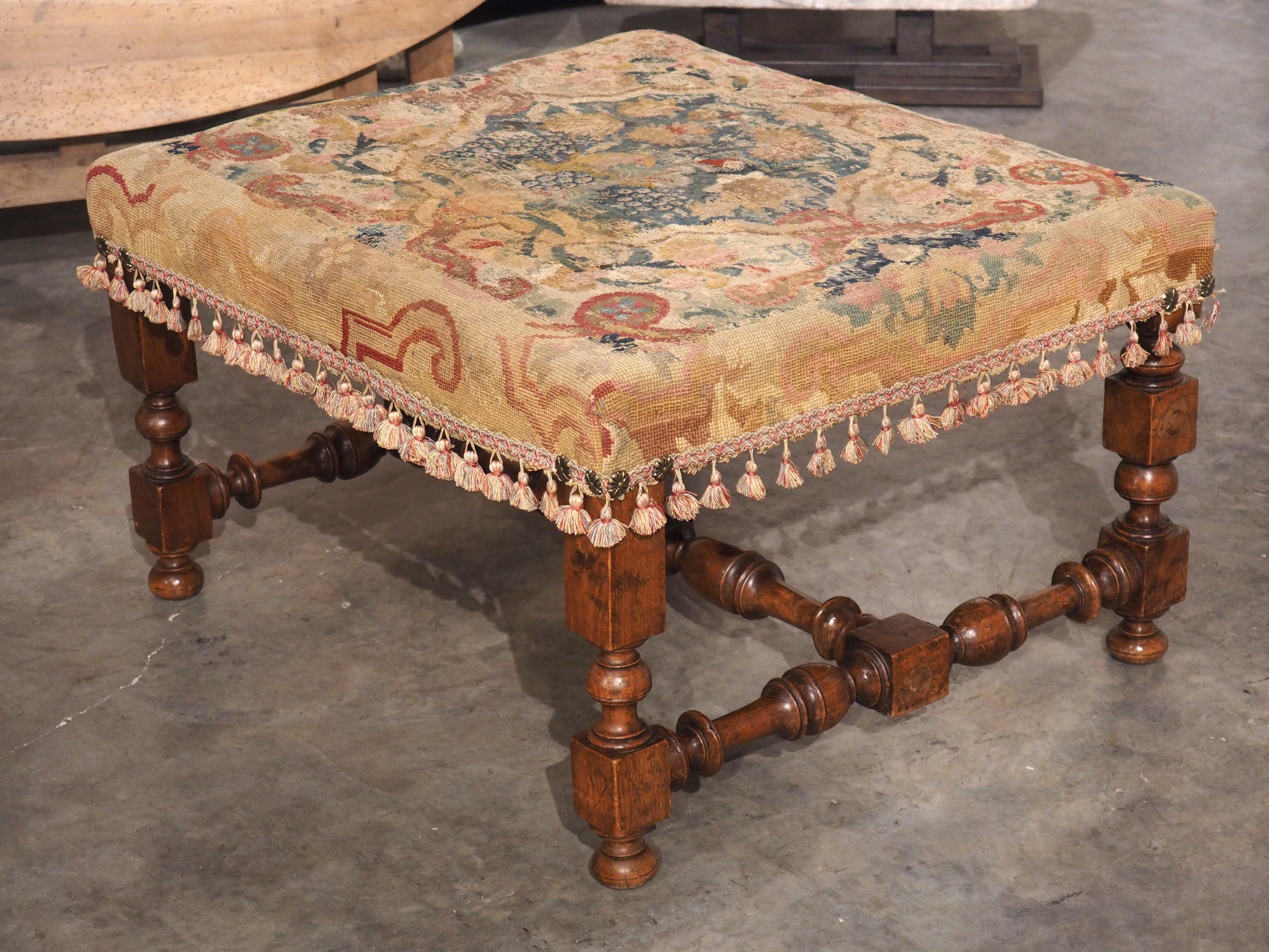 Large Antique French Louis XIII Style Tabouret, Needlepoint Upholstery, C. 1870 11