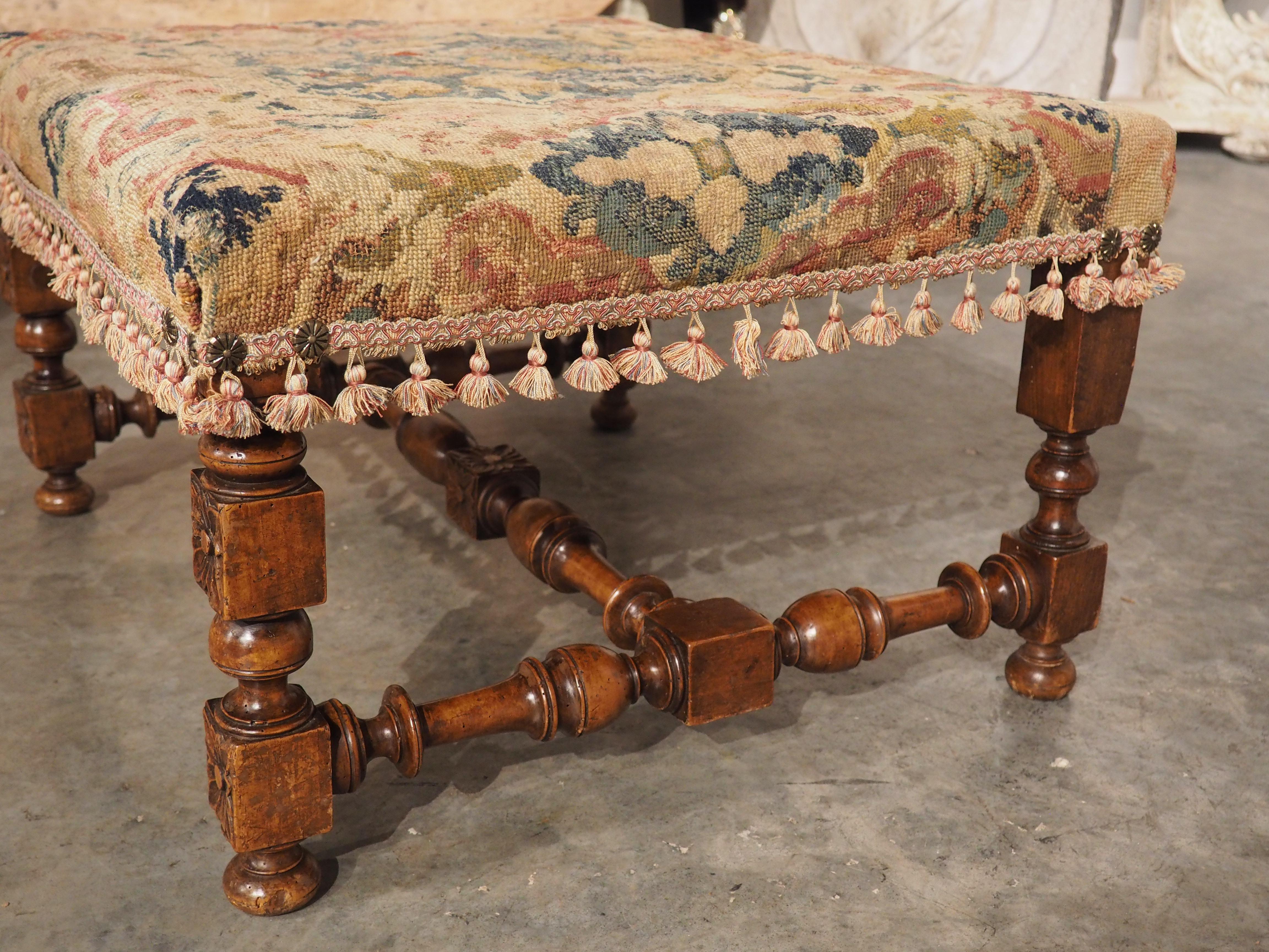 Large Antique French Louis XIII Style Tabouret, Needlepoint Upholstery, C. 1870 13