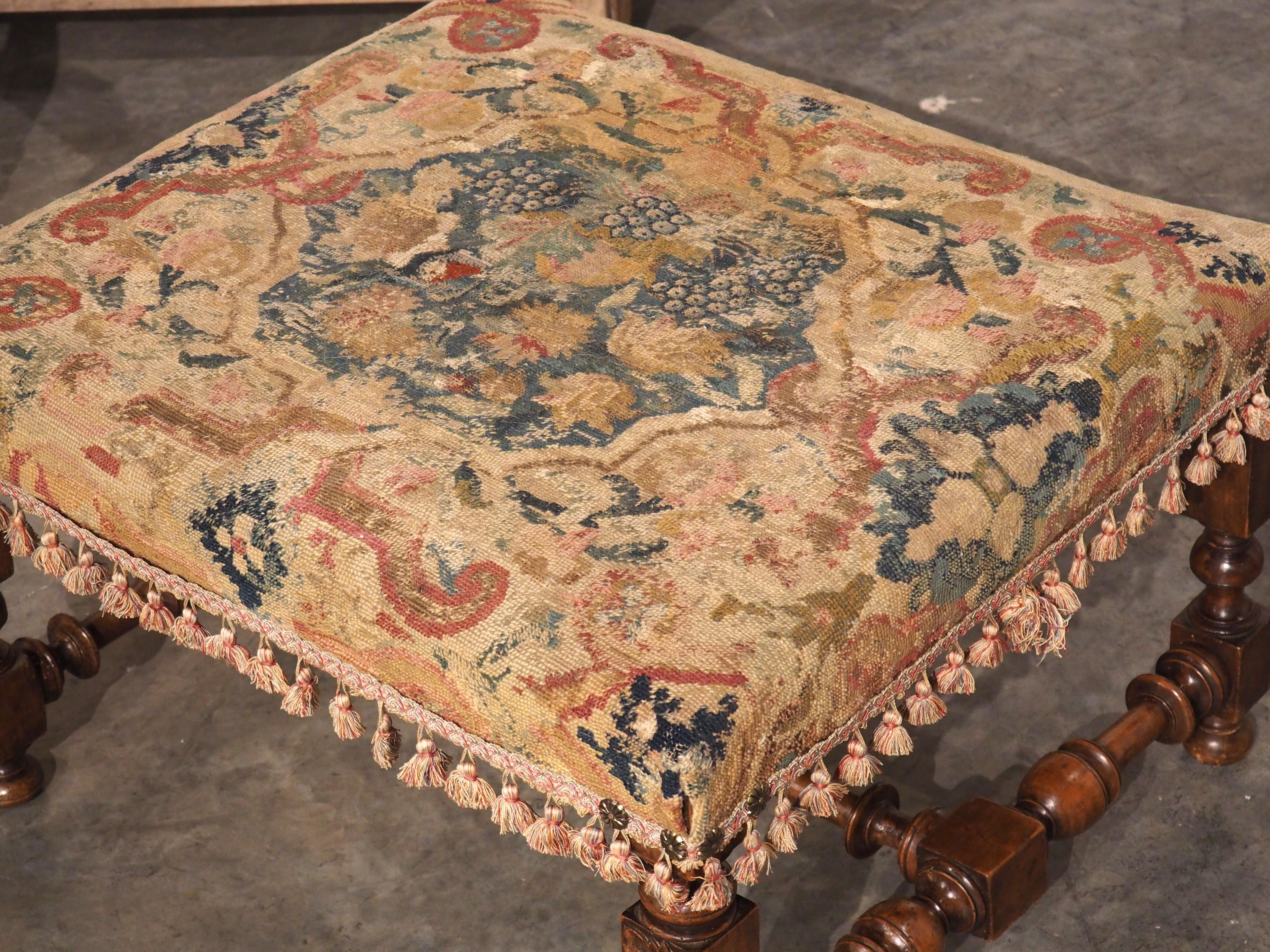 Hand-Carved Large Antique French Louis XIII Style Tabouret, Needlepoint Upholstery, C. 1870