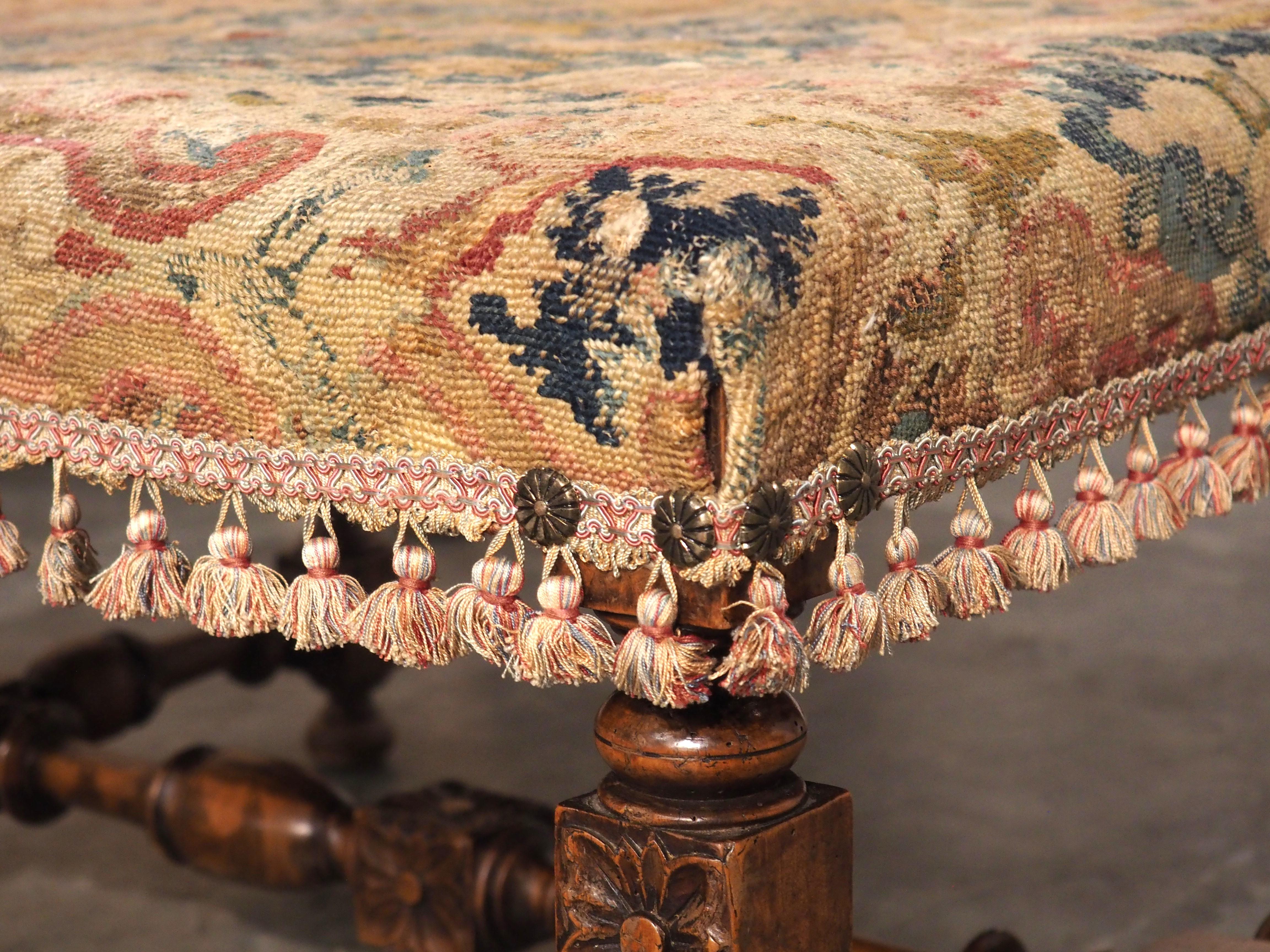 19th Century Large Antique French Louis XIII Style Tabouret, Needlepoint Upholstery, C. 1870