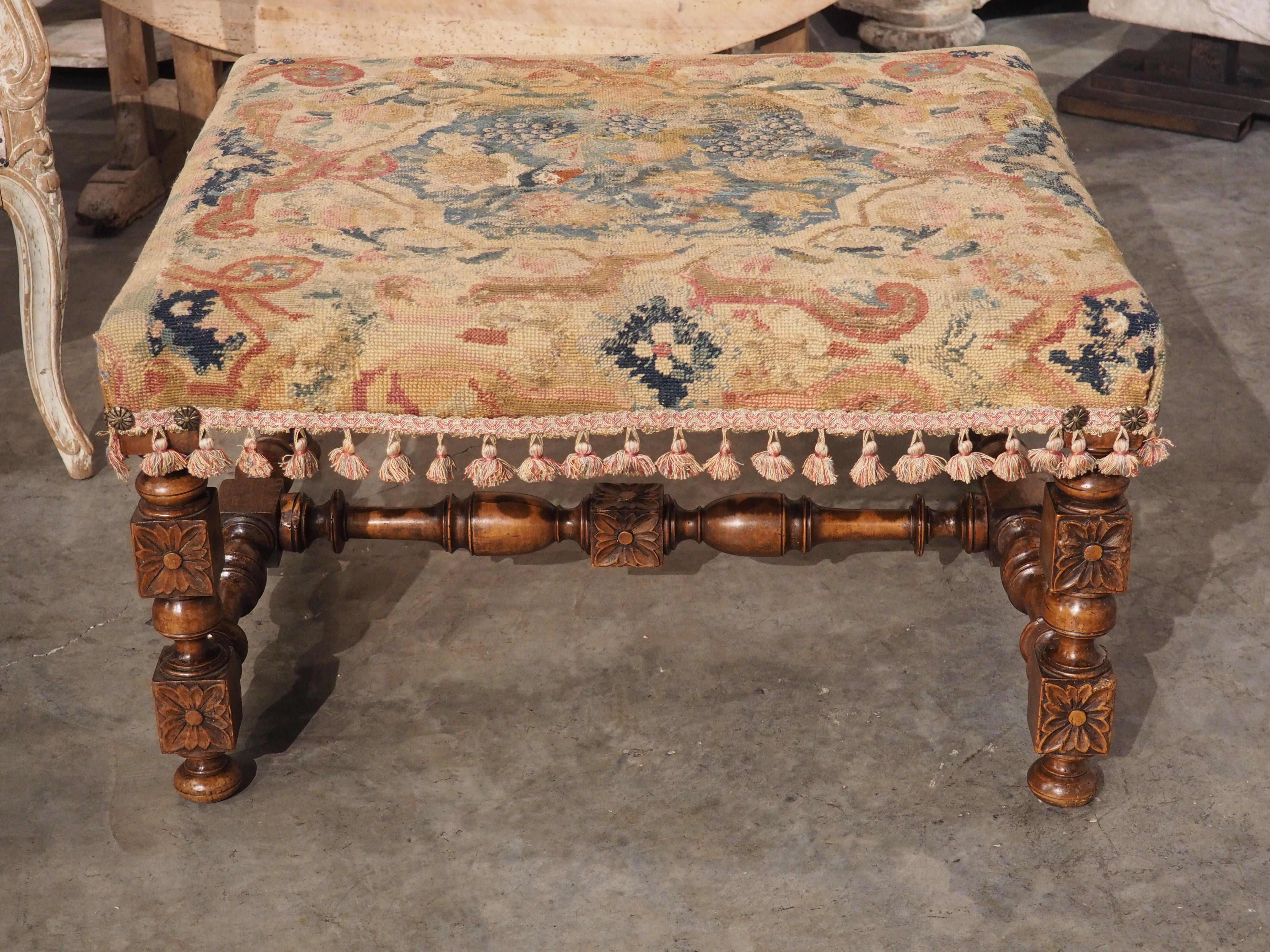 Metal Large Antique French Louis XIII Style Tabouret, Needlepoint Upholstery, C. 1870