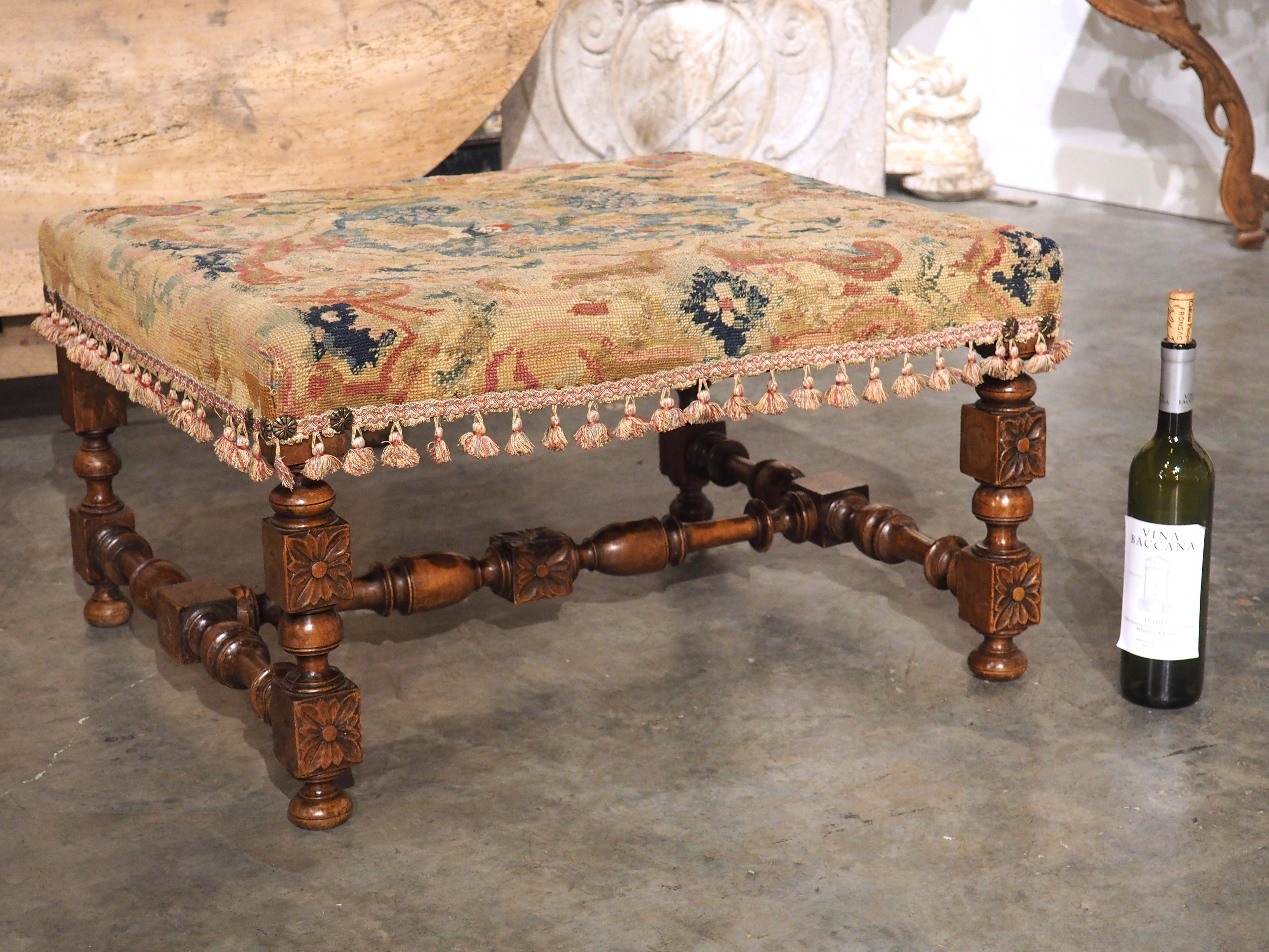 Large Antique French Louis XIII Style Tabouret, Needlepoint Upholstery, C. 1870 1
