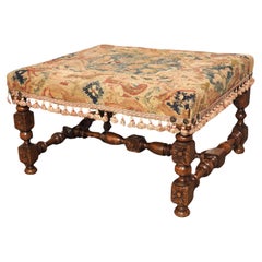 Large Antique French Louis XIII Style Tabouret, Needlepoint Upholstery, C. 1870