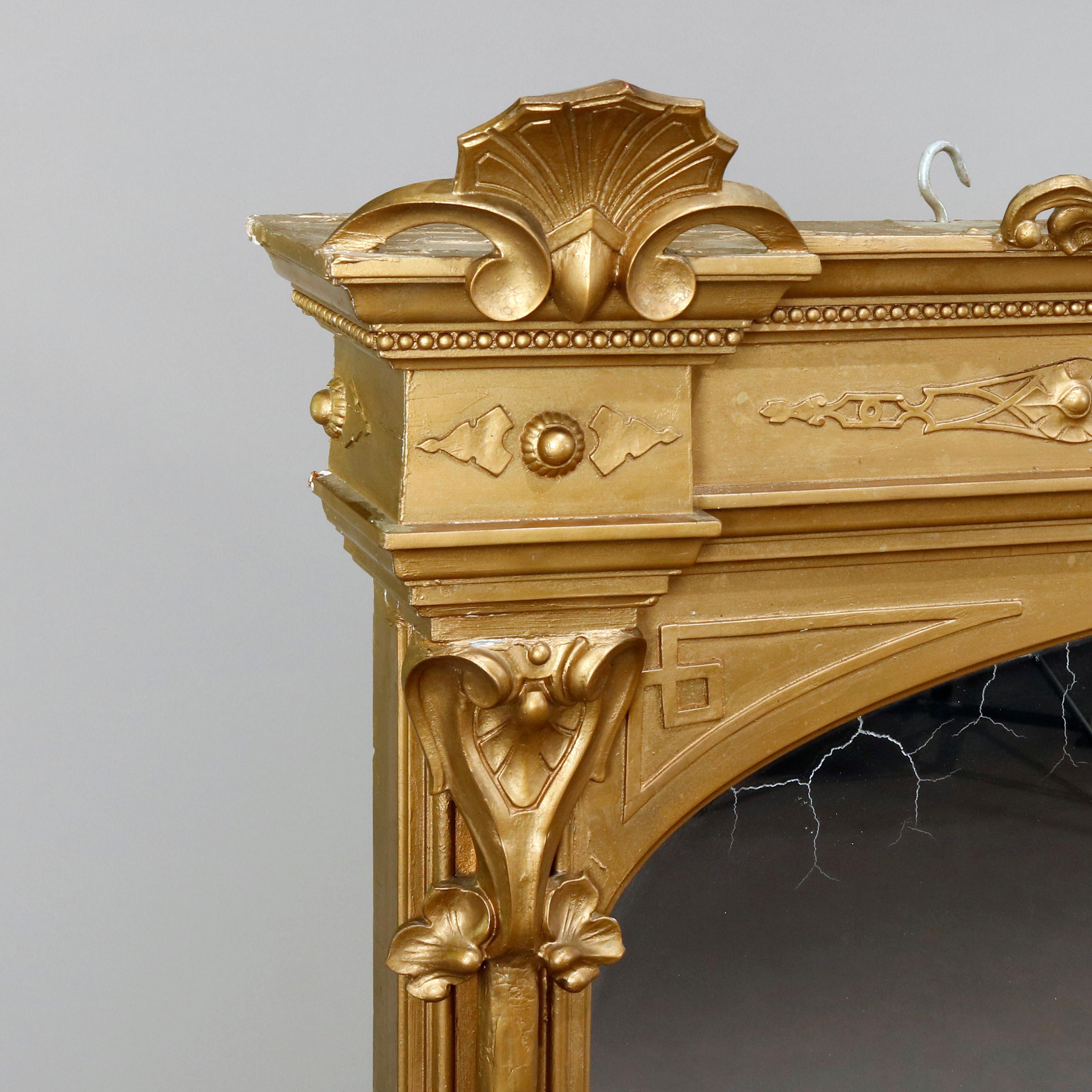 Large Antique French Louis XIV Giltwood over Mantel Mirror, 19th Century In Good Condition In Big Flats, NY