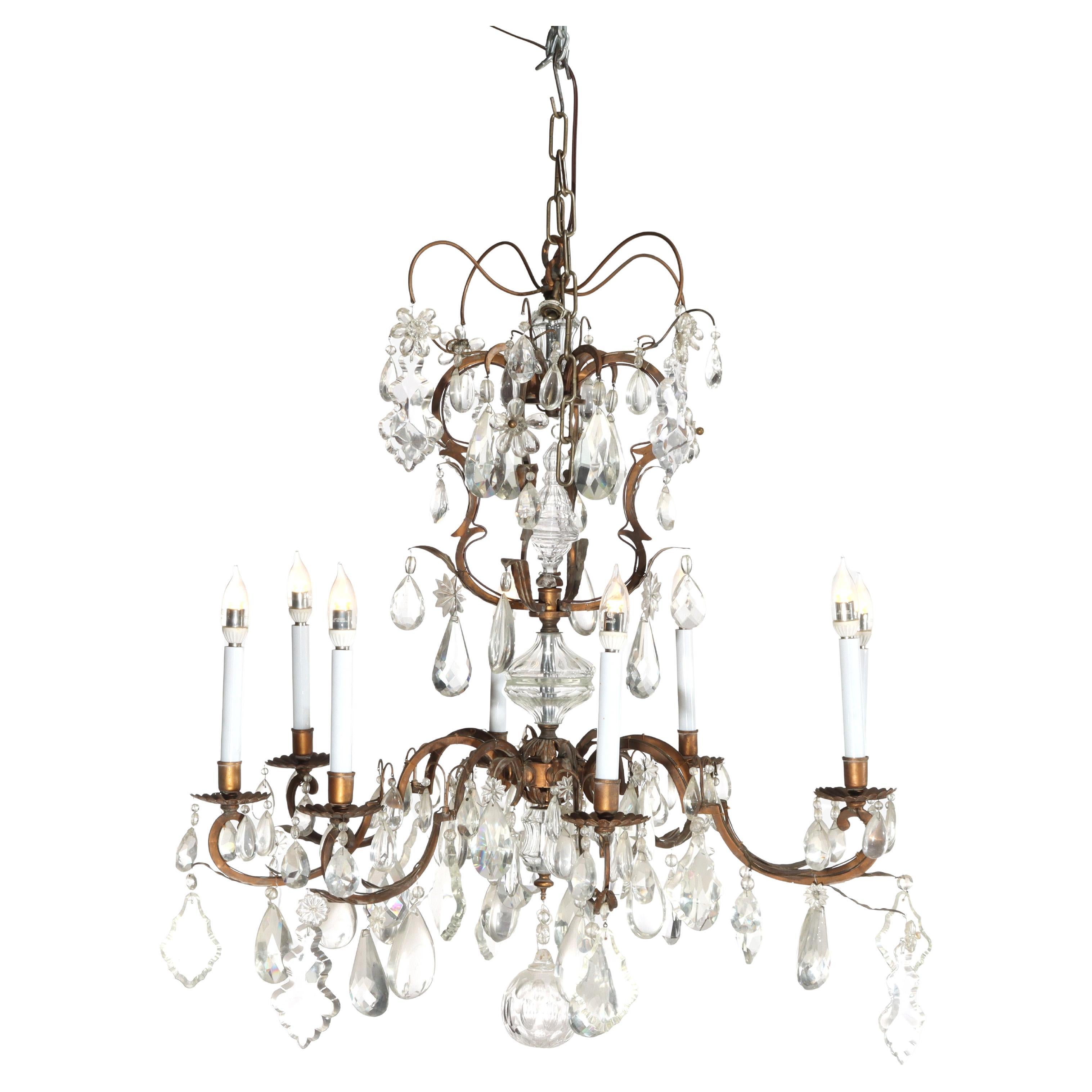 Large Antique French Louis XIV Style Brass
Crystal 8 Light Chandelier c1930