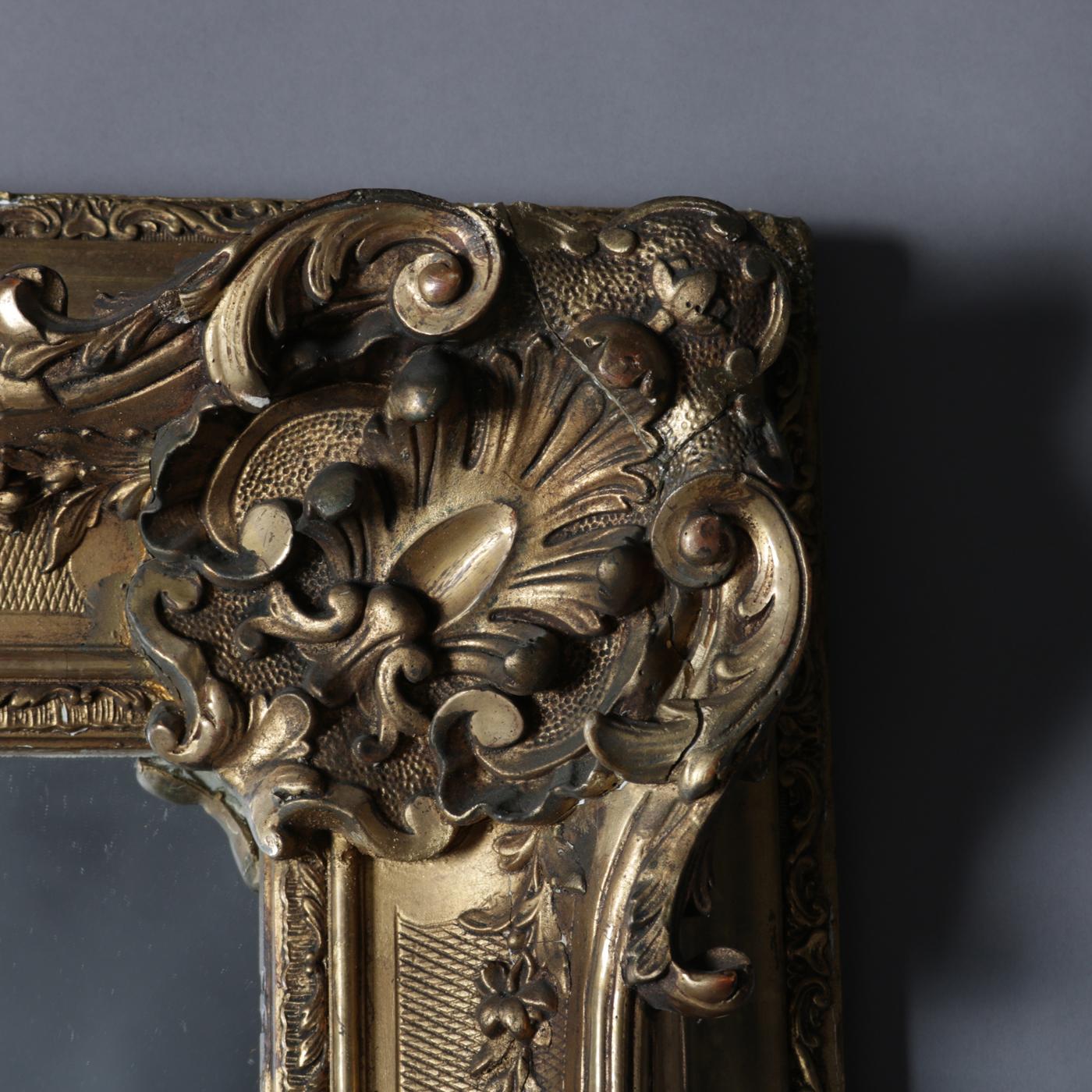 Large Antique French Louis XIV Style Carved Giltwood Wall Mirror, 19th Century In Good Condition In Big Flats, NY