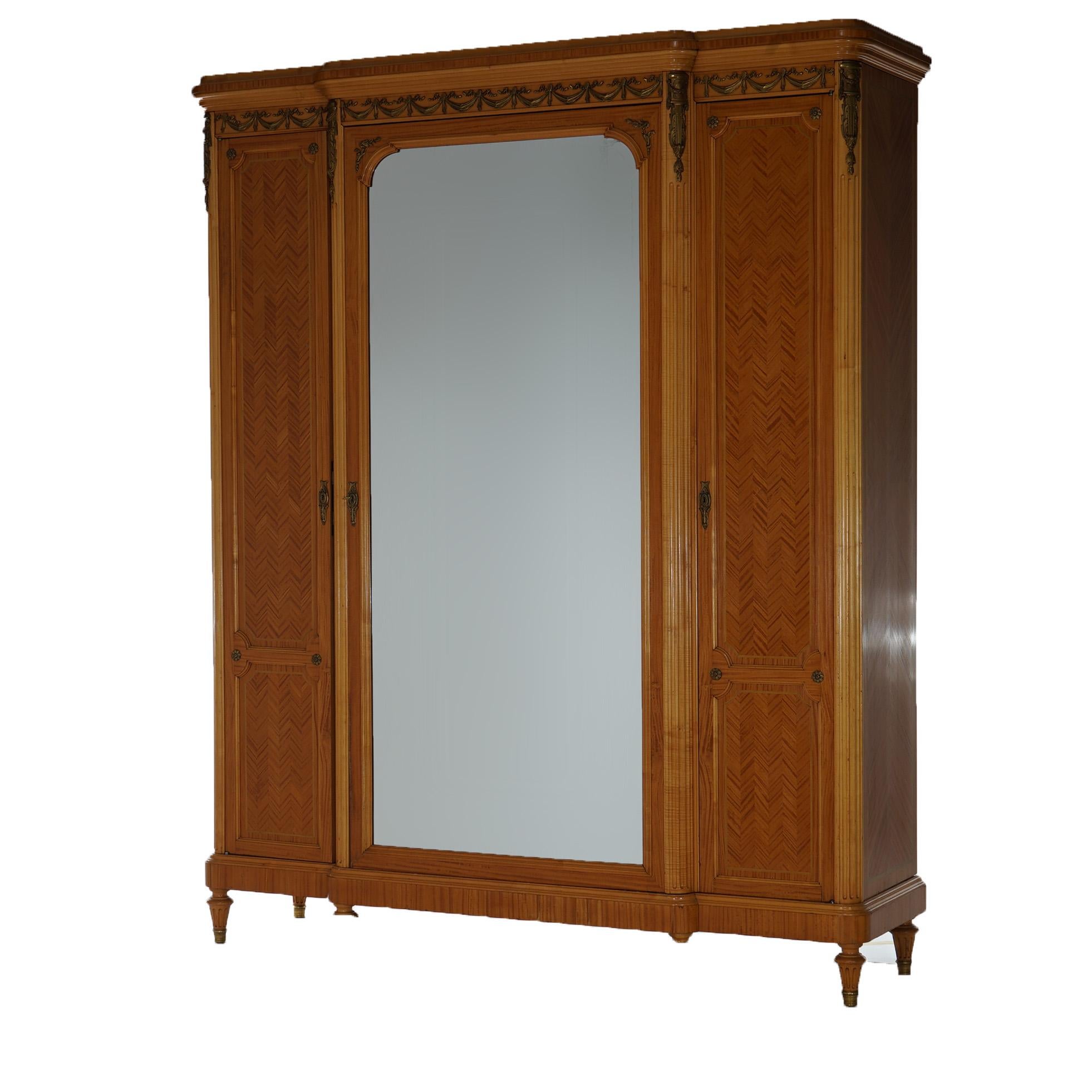 20th Century Large Antique French Louis XIV Style Satinwood & Ormolu Mirrored Armoire, C1890 For Sale