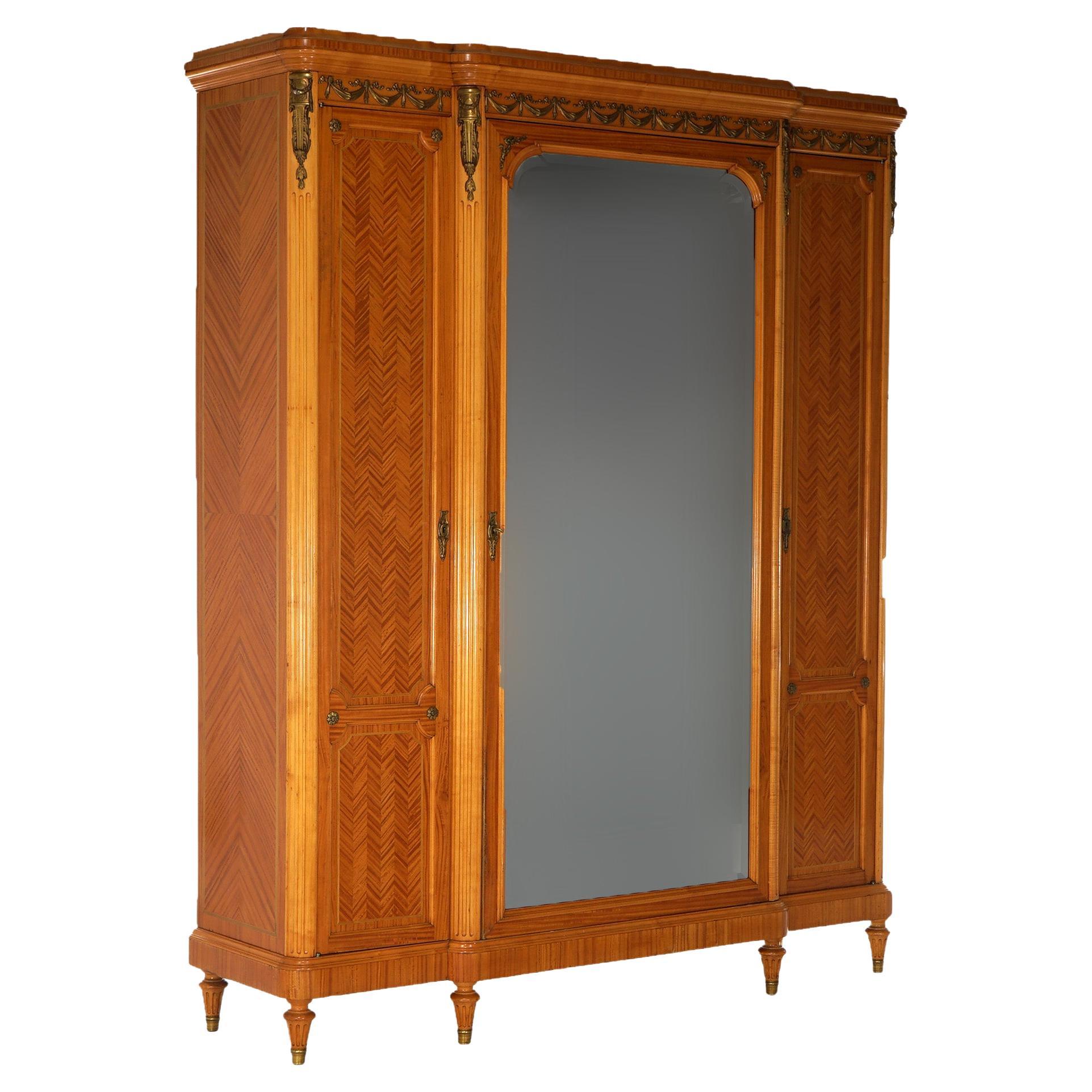 Large Antique French Louis XIV Style Satinwood & Ormolu Mirrored Armoire, C1890 For Sale