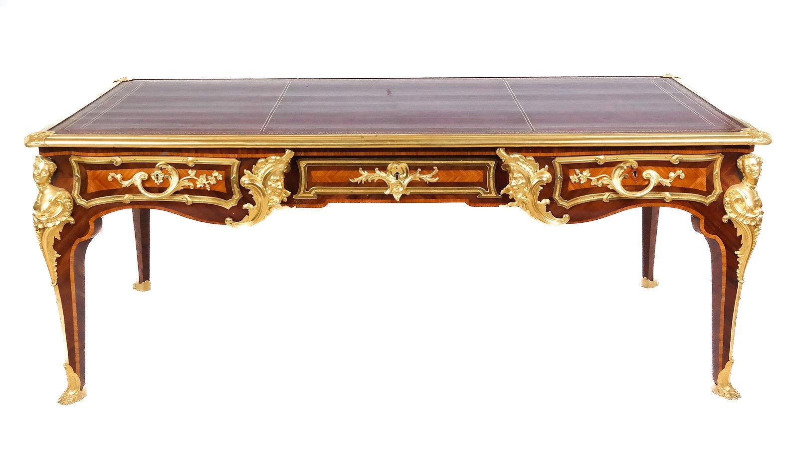 Bronze Large Antique French Louis XV Bureau Plat Desk After Charles Cressent For Sale