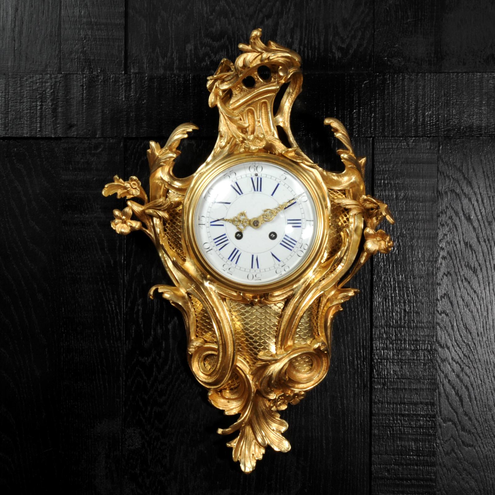 19th Century Large Antique French Louis XV Ormolu Rococo Cartel Wall Clock For Sale